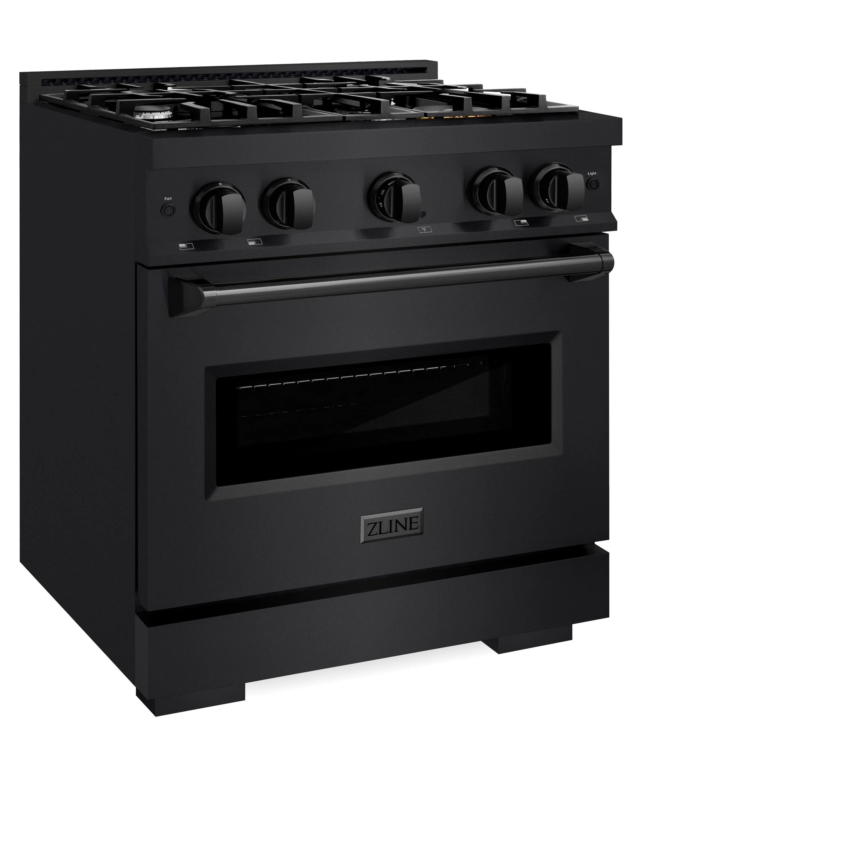 Black stainless steel gas range with four-burner cooktop and front oven window