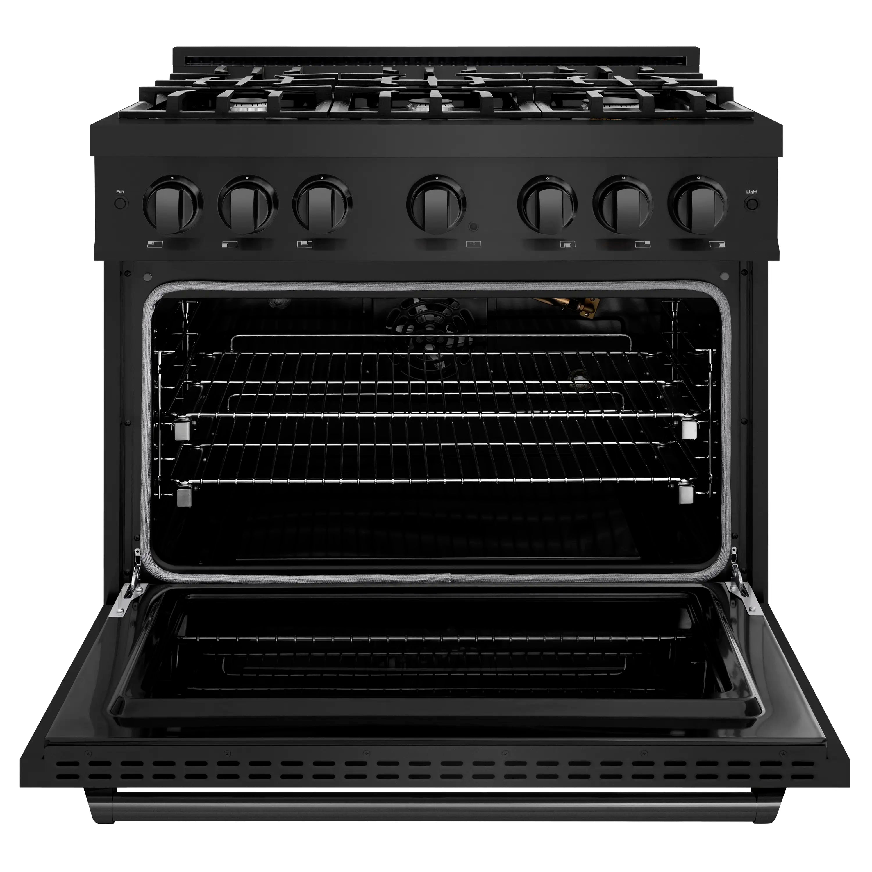 Black gas range with open oven showing wire racks and interior oven walls