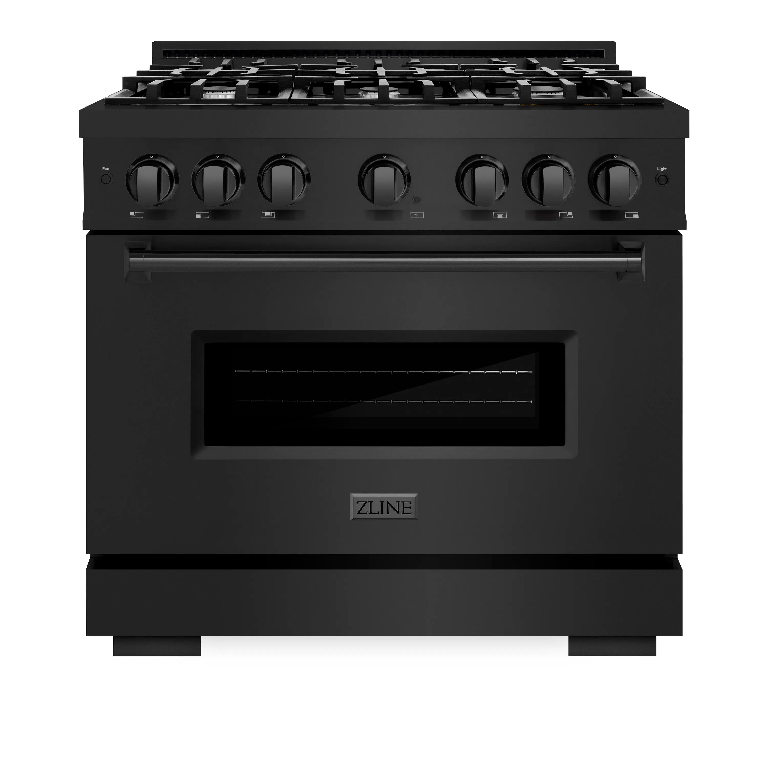 Black gas range with 6-burner cooktop and oven door window, front view