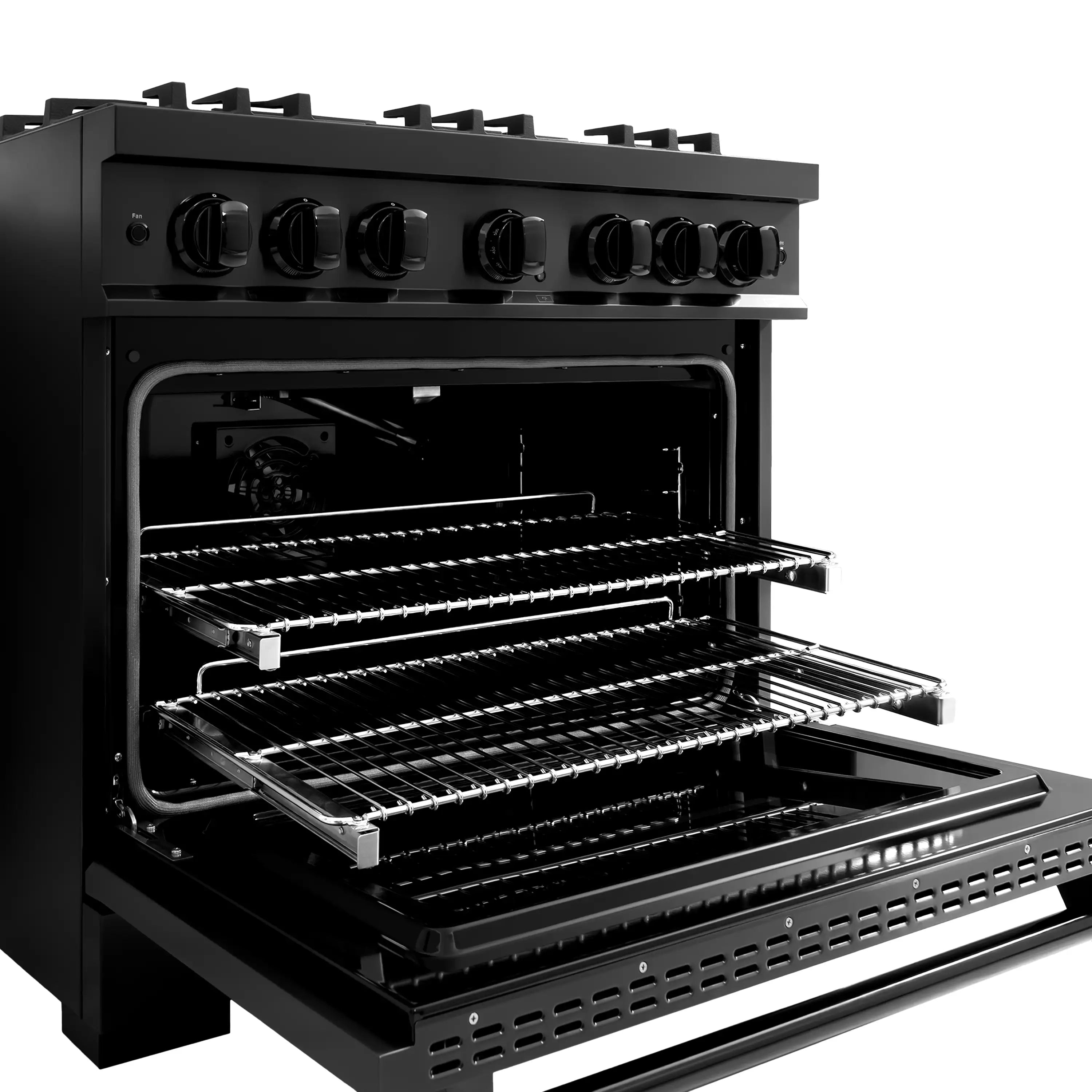 Black gas range with control knobs and oven door open