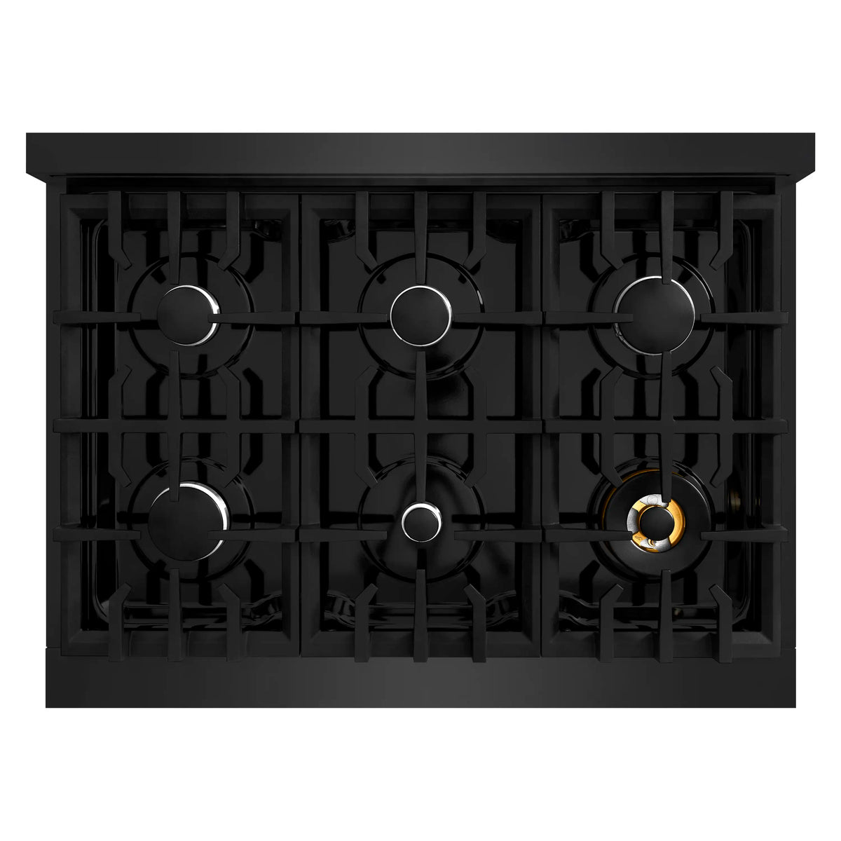 Black gas range cooktop with six burner ports and cast grates