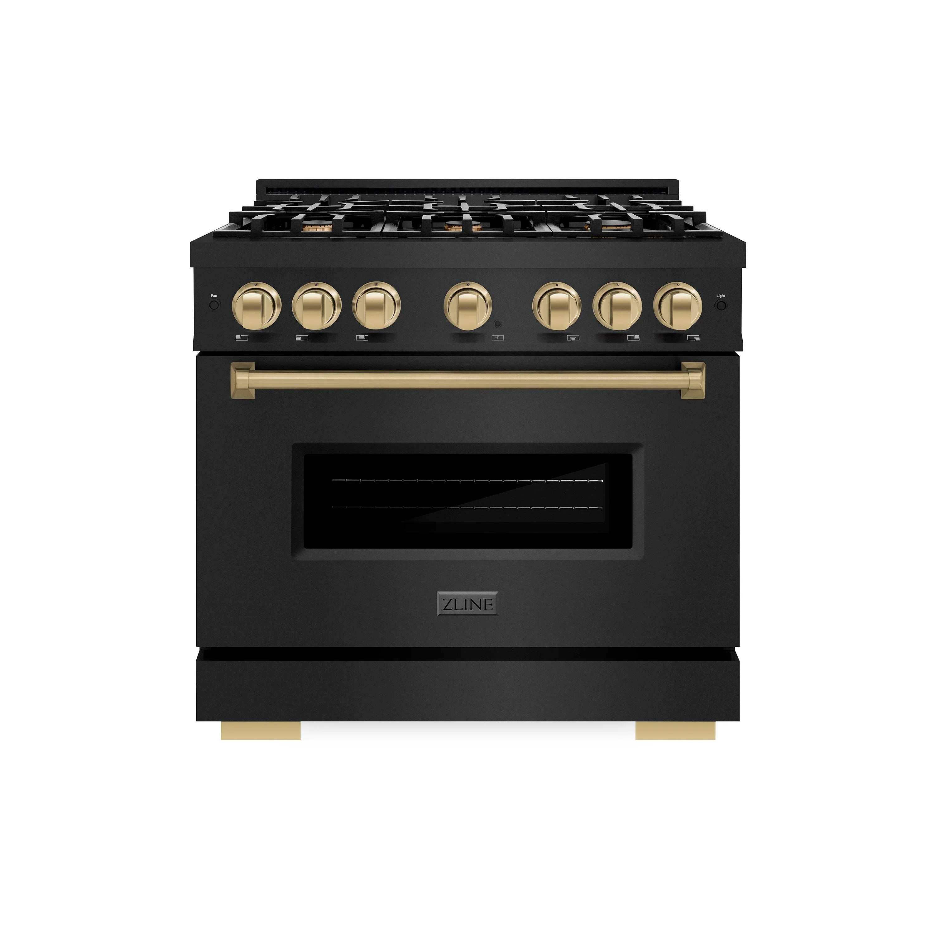 Black gas range front view with gold knobs and glass oven door window