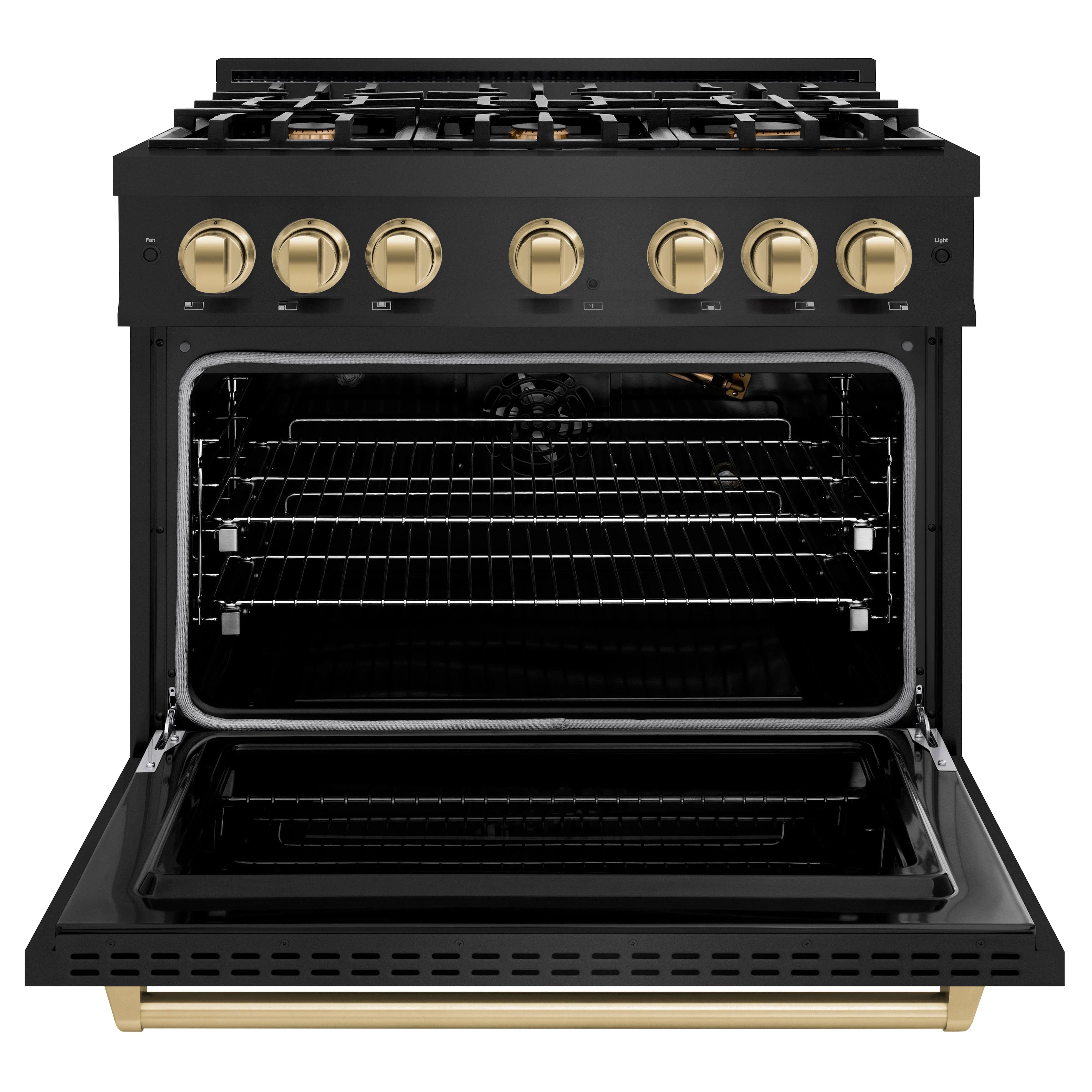 Opened black gas convection oven with wire racks and gold control knobs above