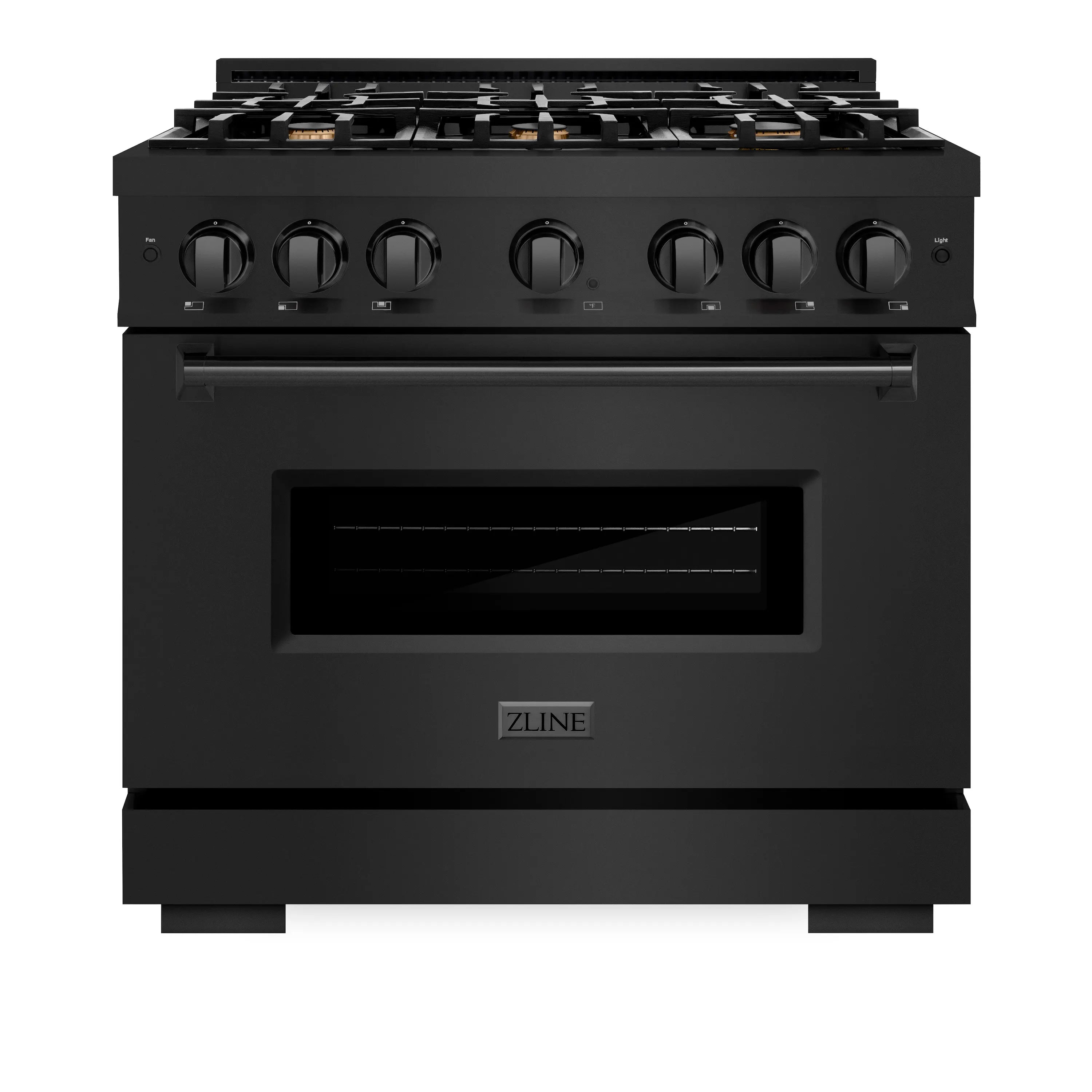 Black ZLINE gas range with six-burner cooktop and closed convection oven door.