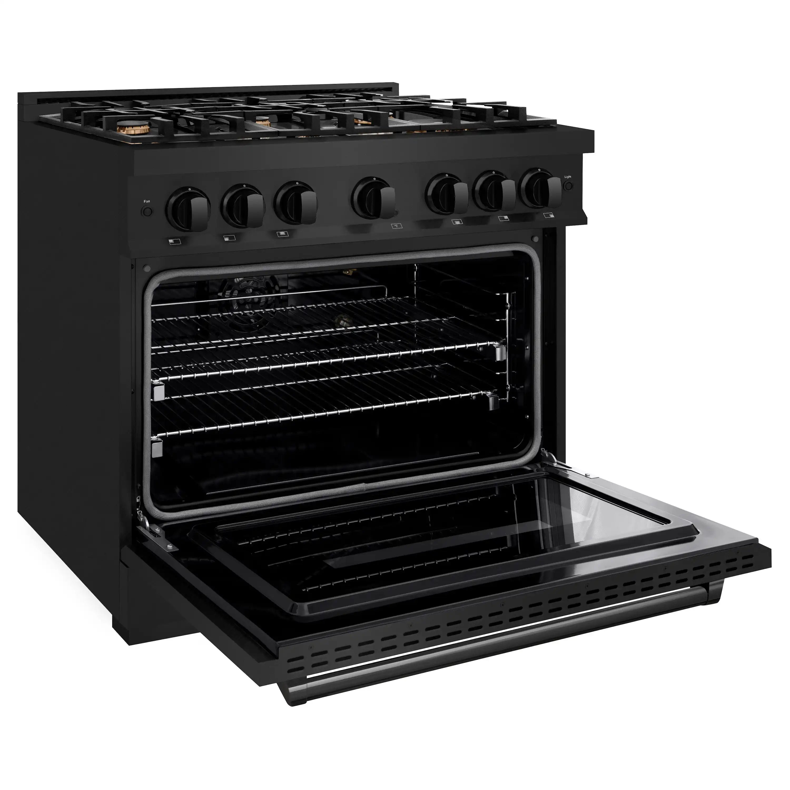 Black ZLINE gas range with convection oven door open and multiple interior racks.