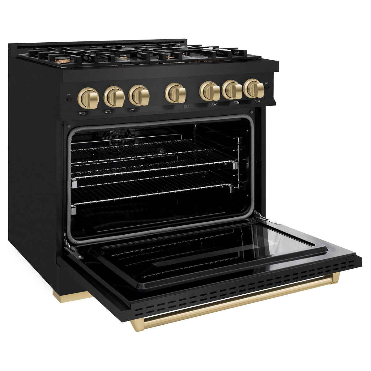 Black 36-inch gas range with oven door open, racks inside, and champagne bronze trim
