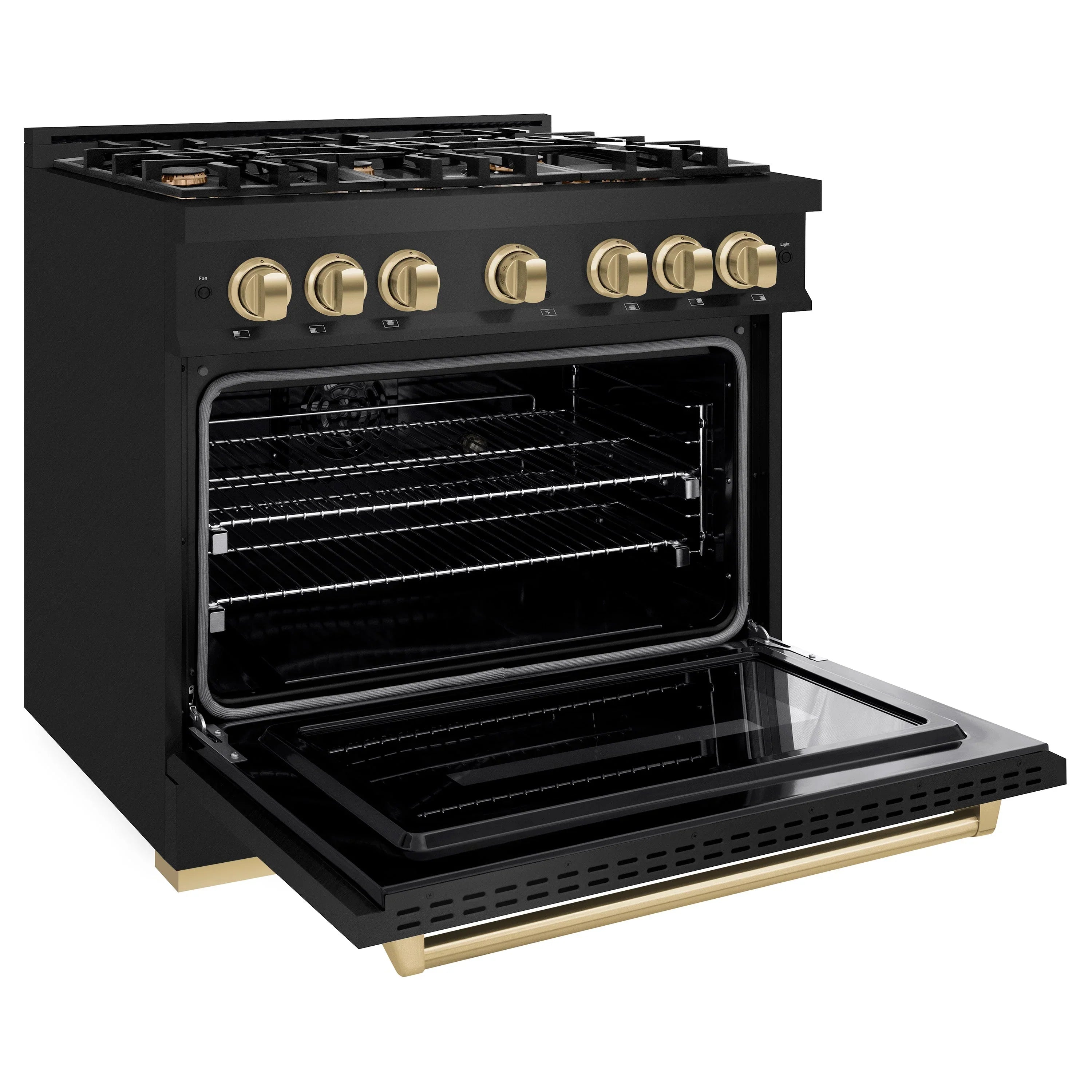 Black gas range with oven door open, internal racks, and gold accent trim