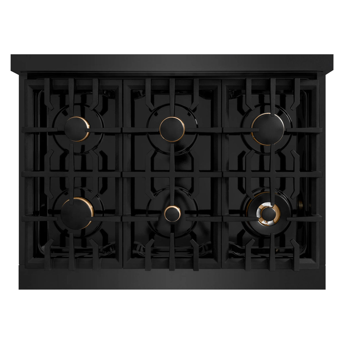 Black cooktop burner layout with six circular burner heads on a grate base.