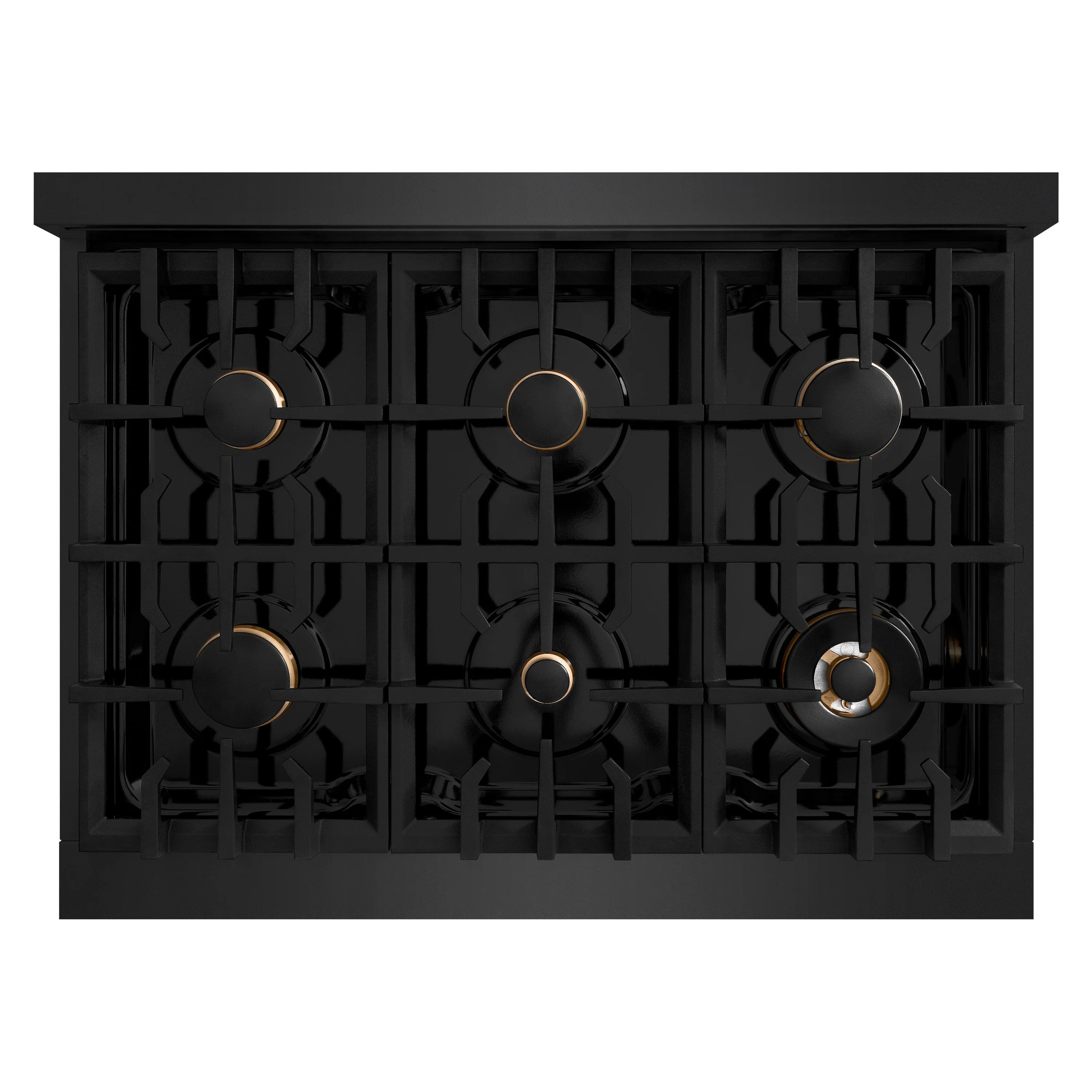Black cooktop burner layout with six round burners and bronze ring accents