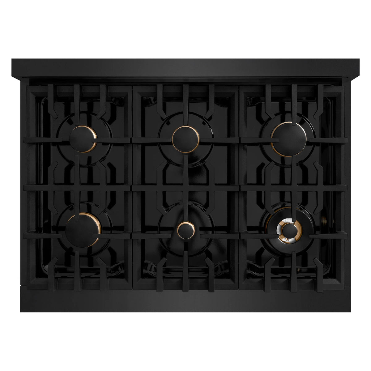 Black gas cooktop with six burner grates and gold-accented control knobs