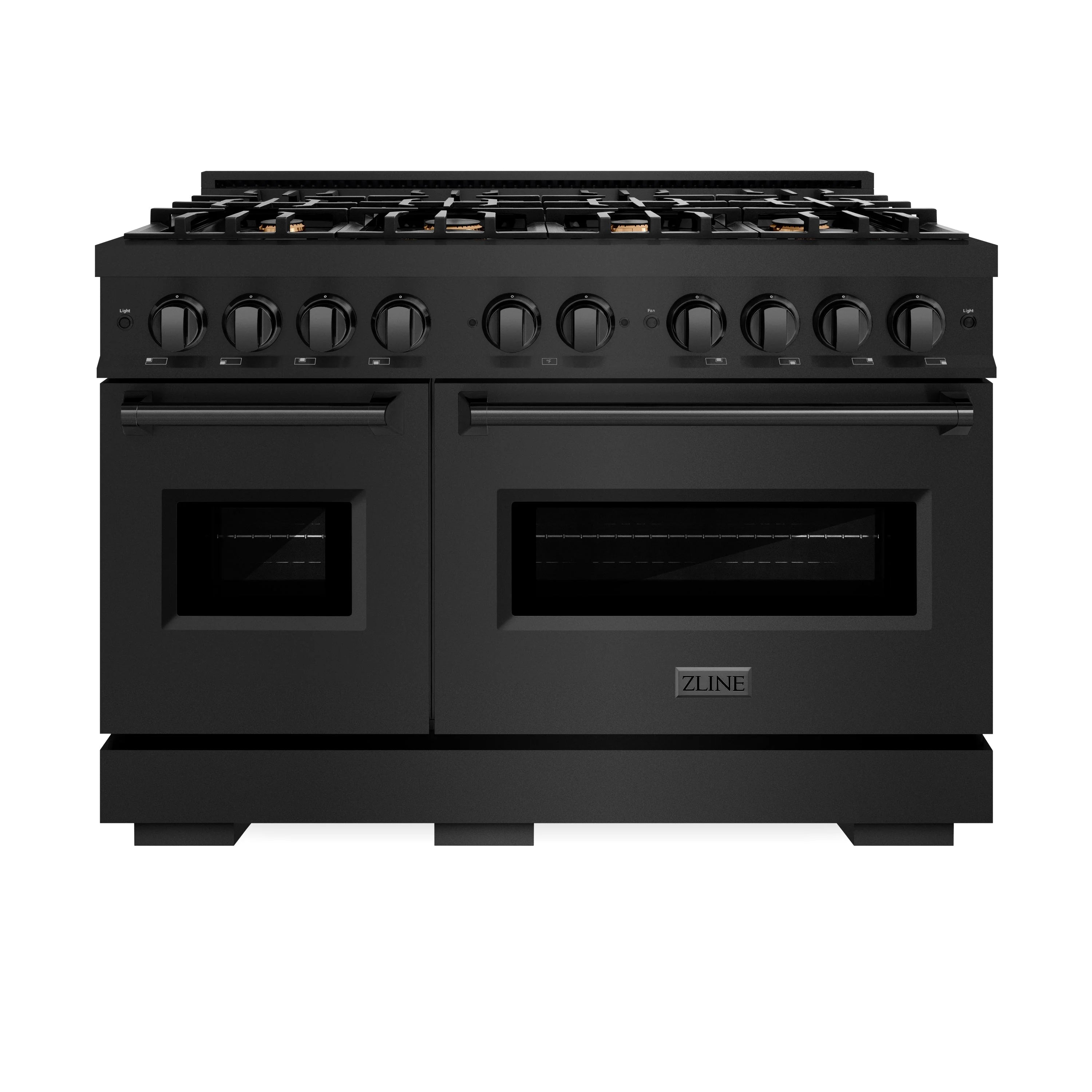 Black gas range front view with cooktop grates and closed convection oven doors