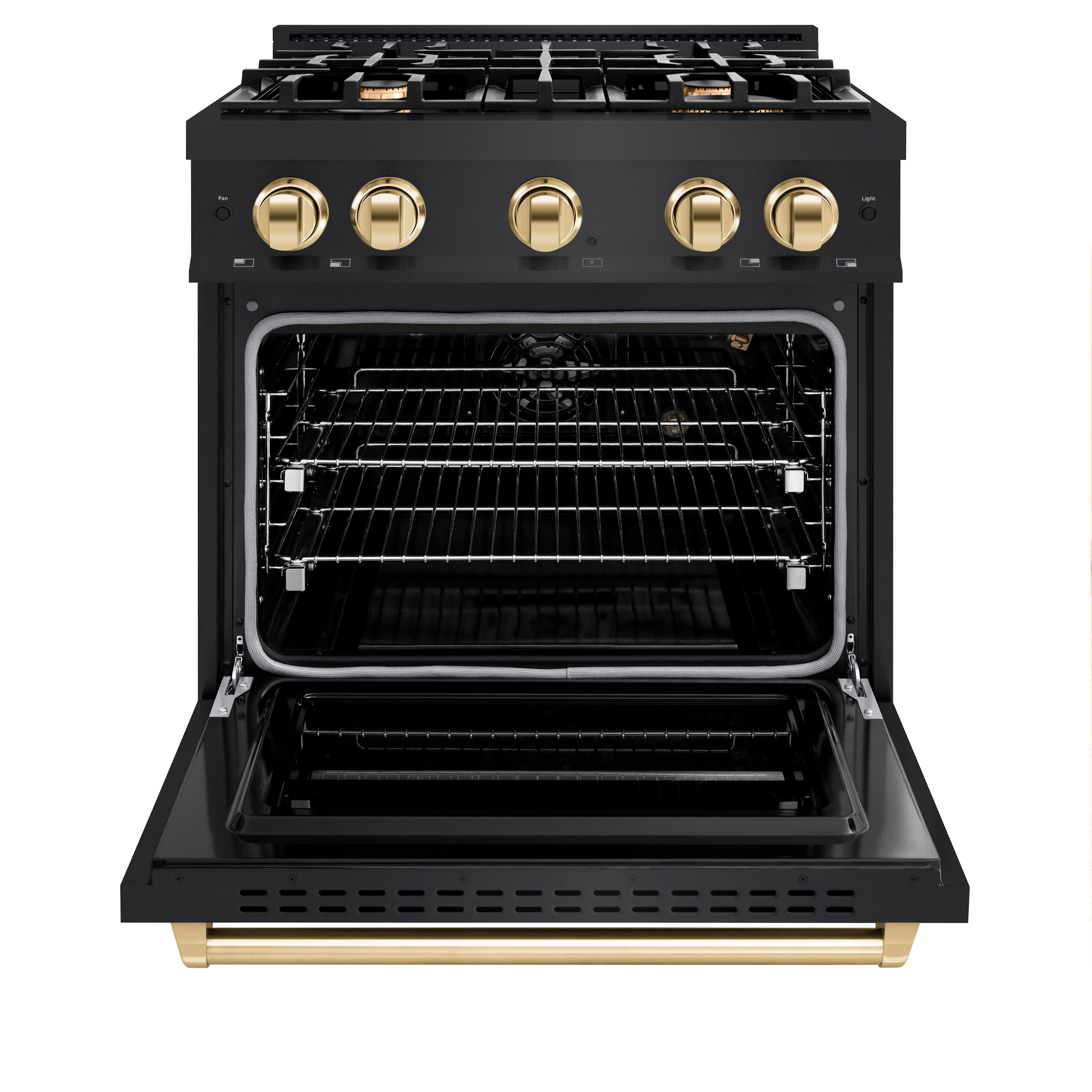 Black gas convection oven with open door, wire rack, and interior heating elements