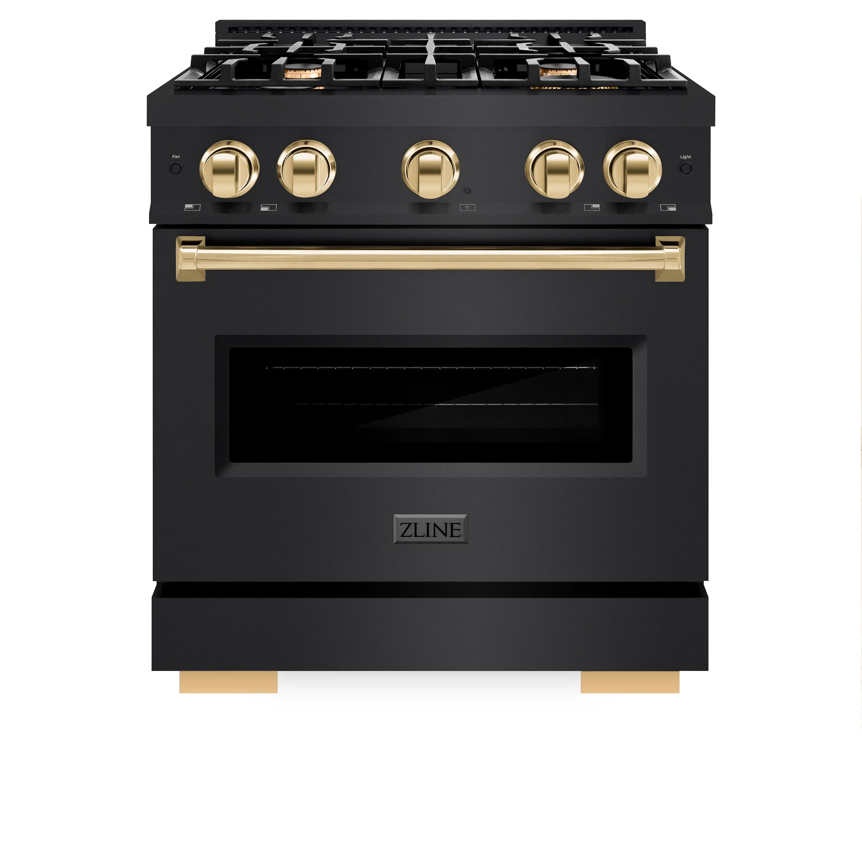 Black gas range with gold control knobs and gold bar handle, front view