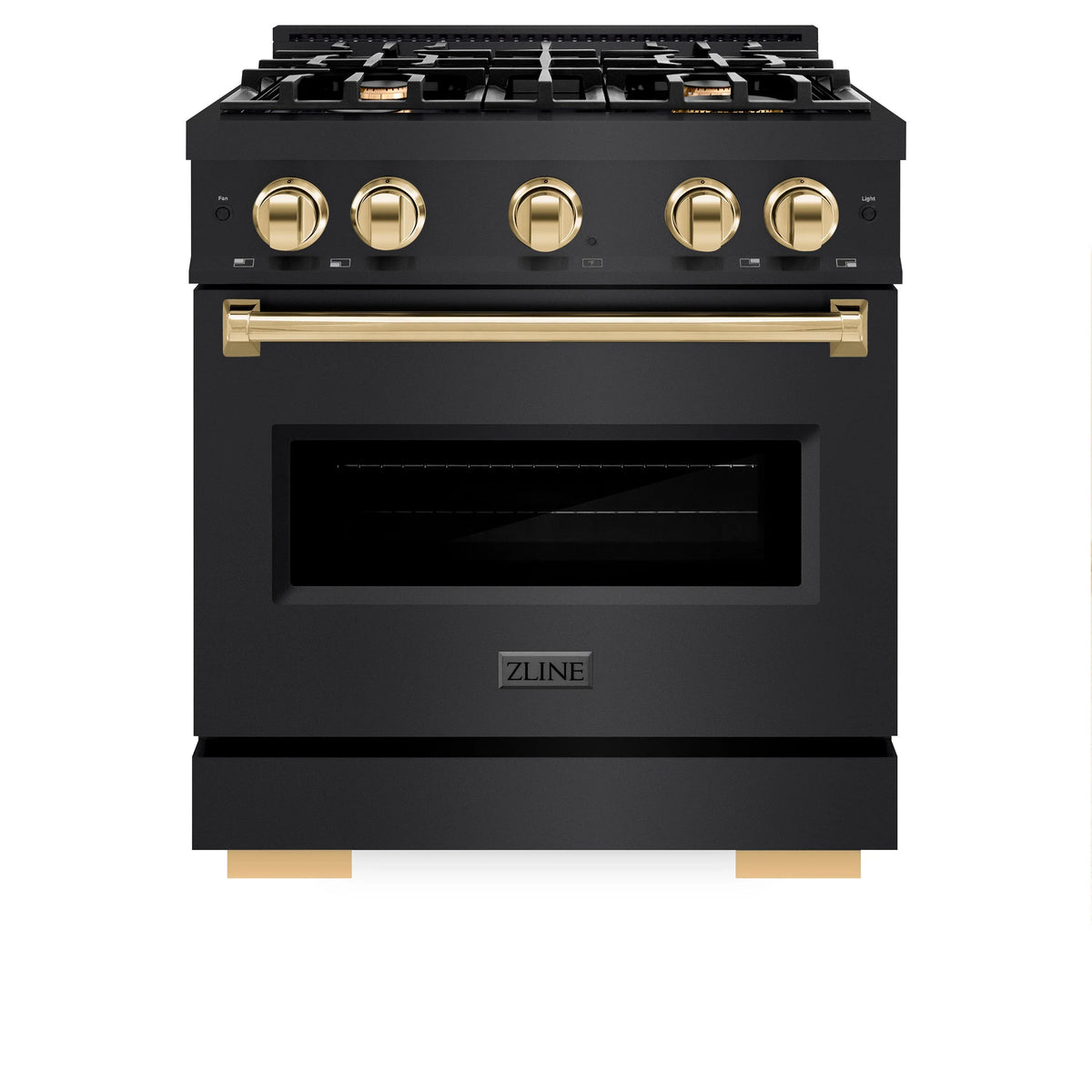 ZLINE 4-Piece Appliance Package - 30-Inch Classic Gas Range, Refrigerator, Dishwasher, and 24-Inch Microwave Drawer in Black Stainless Steel with Gold Accents