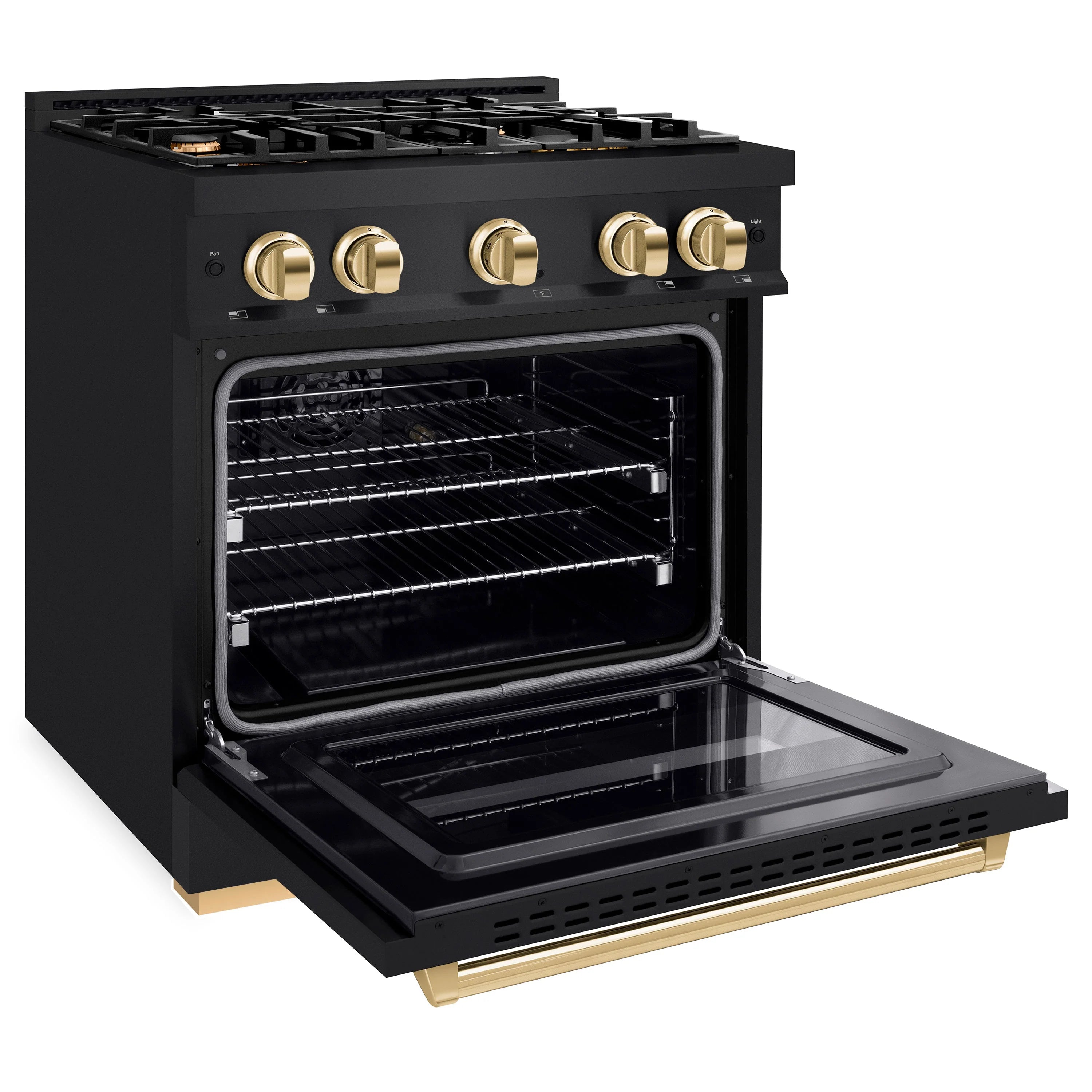 Black gas convection oven with open door, racks, and broiler pan area