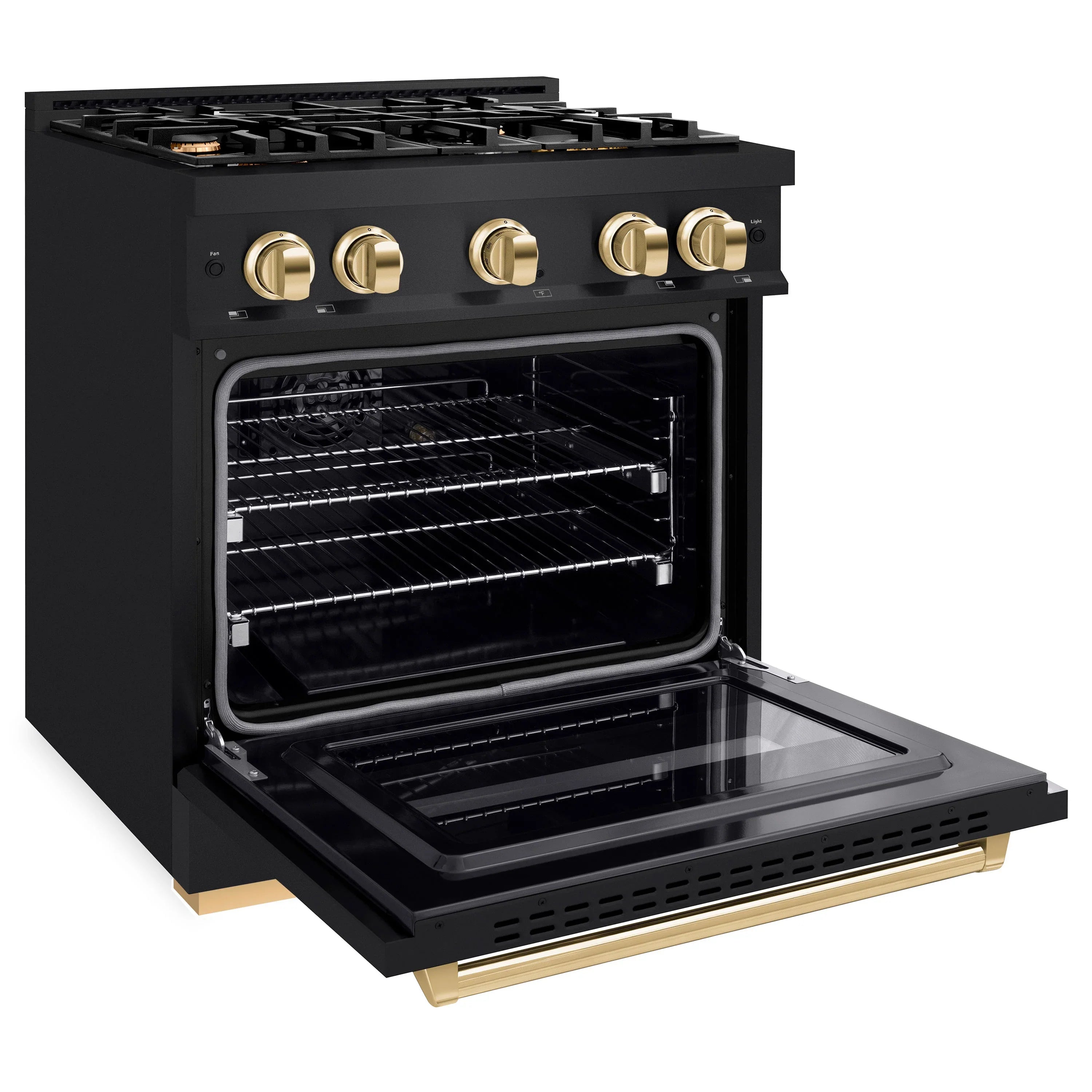 Black gas range with oven door open to reveal interior racks and glass window.