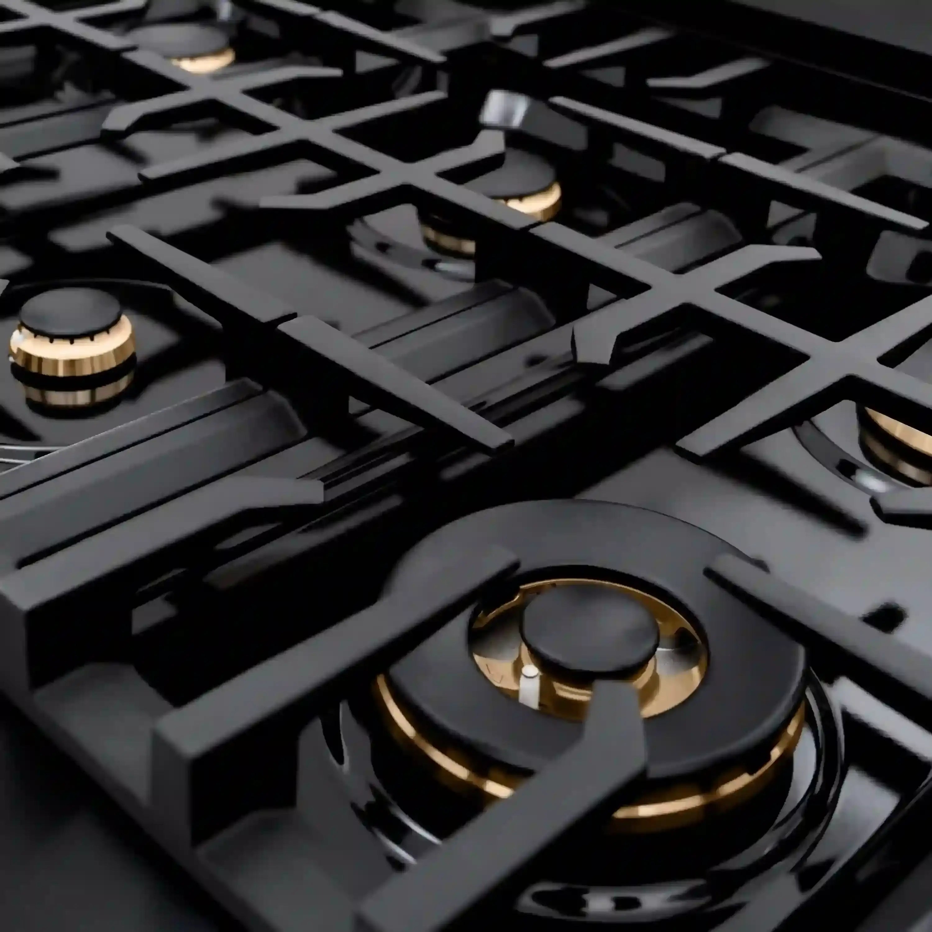 Black gas burner grates with gold-ring burner cap and control knob