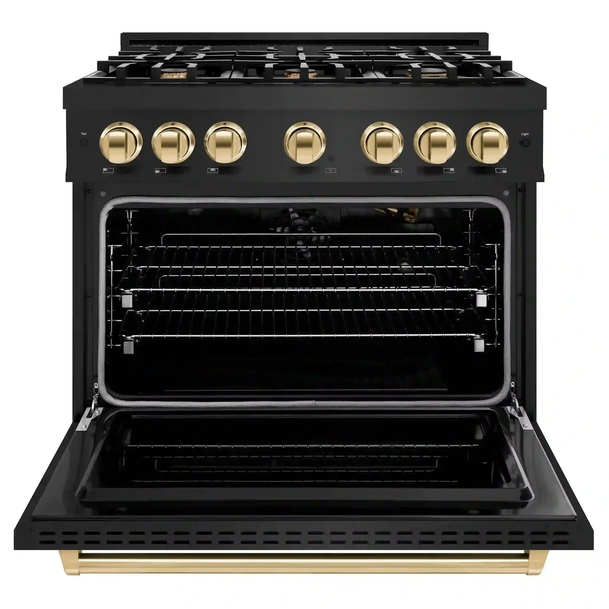 Open black gas range oven with wire racks and gold control knobs, front view