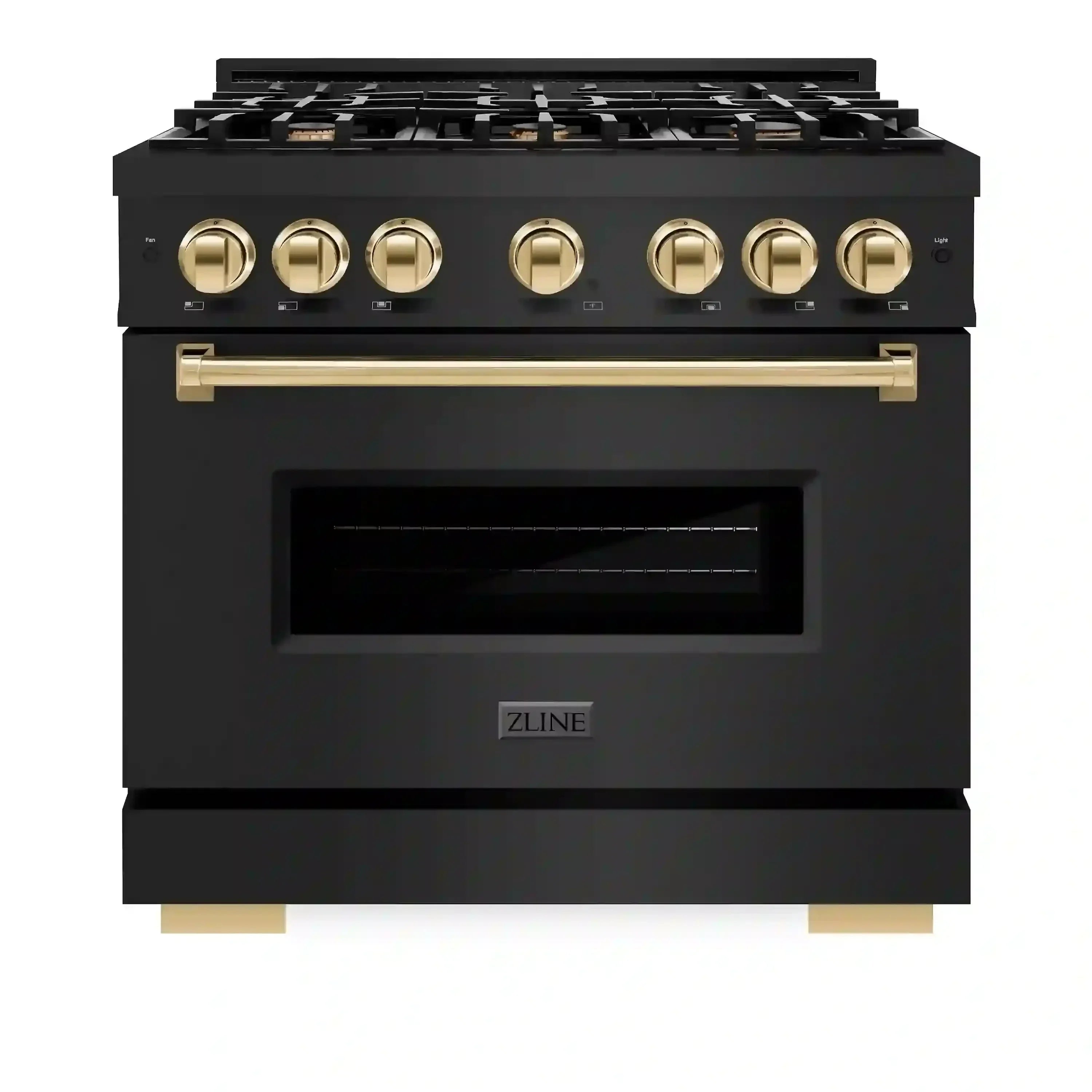 Black gas range with gold control knobs and open oven window, front view