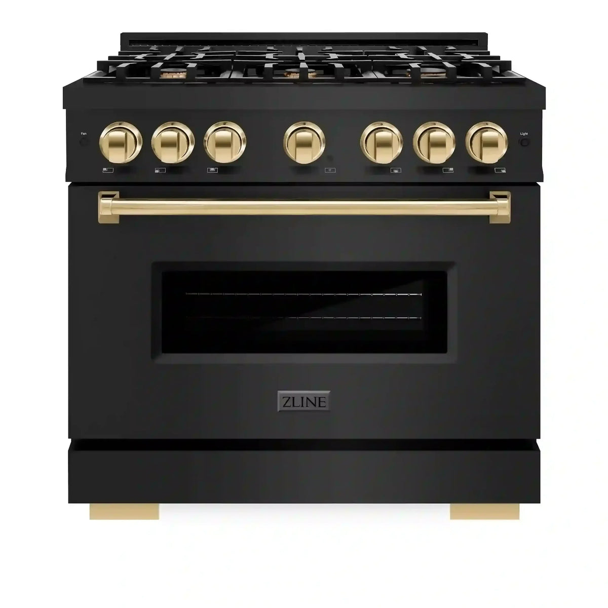 ZLINE 4-Piece Appliance Package - 36-Inch Classic Gas Range, Refrigerator with Water Dispenser, Dishwasher, and 24-Inch Microwave Drawer in Black Stainless Steel with Gold Accents