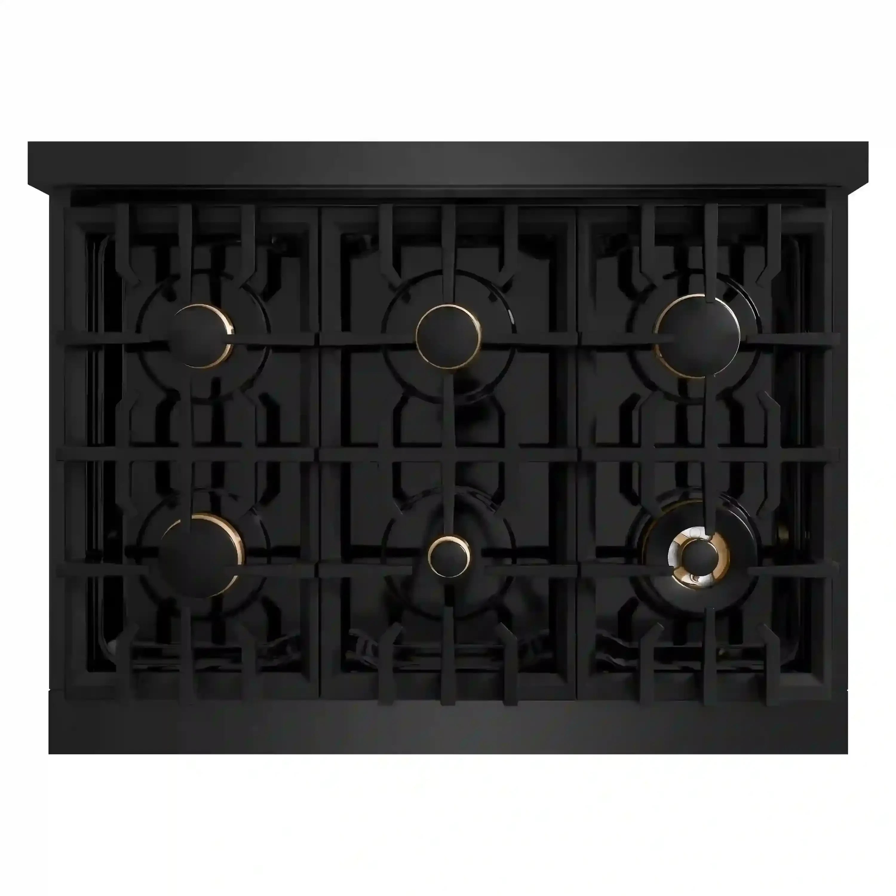 Black gas cooktop with six burners and gold-trim burner caps