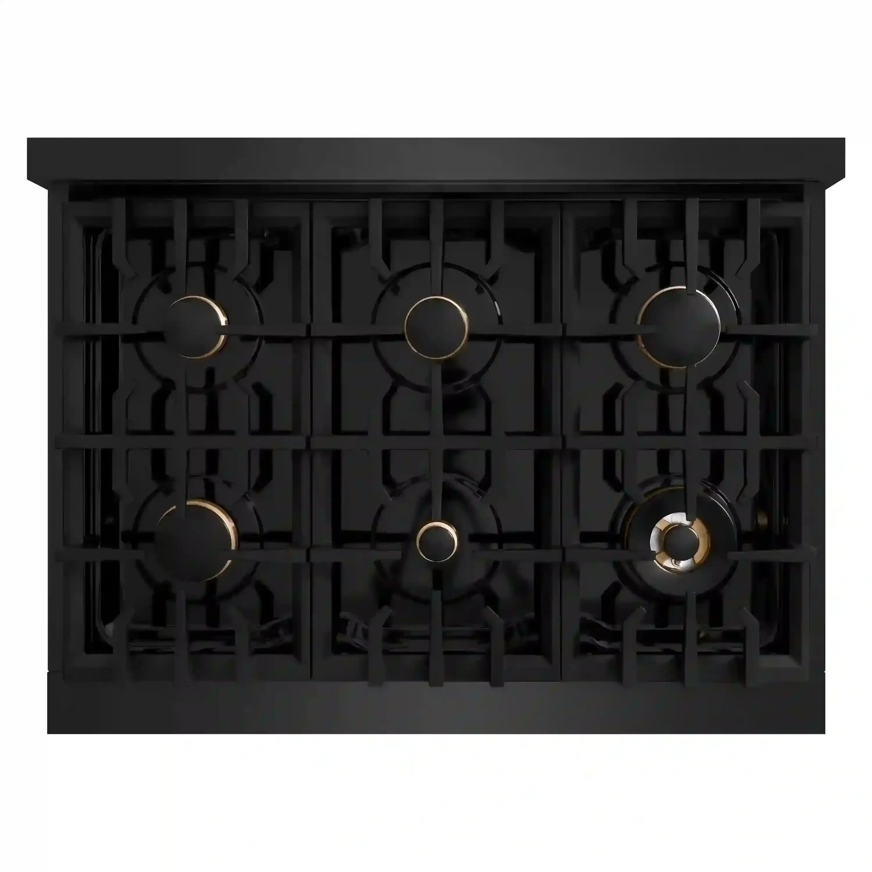 Black six-burner cooktop with gold-trimmed burner caps and grates