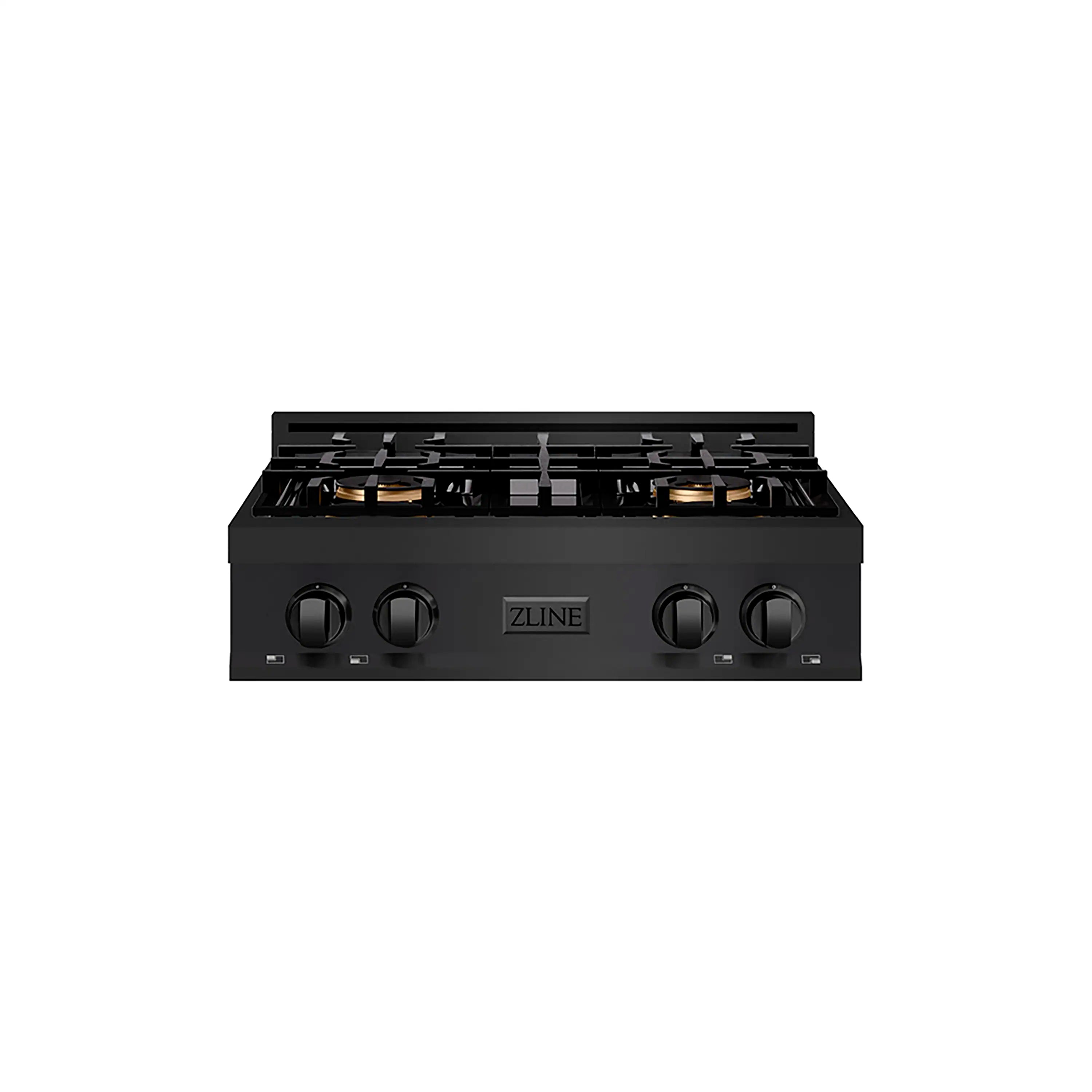 Black gas cooktop front view with four burner knobs and ZLINE center badge
