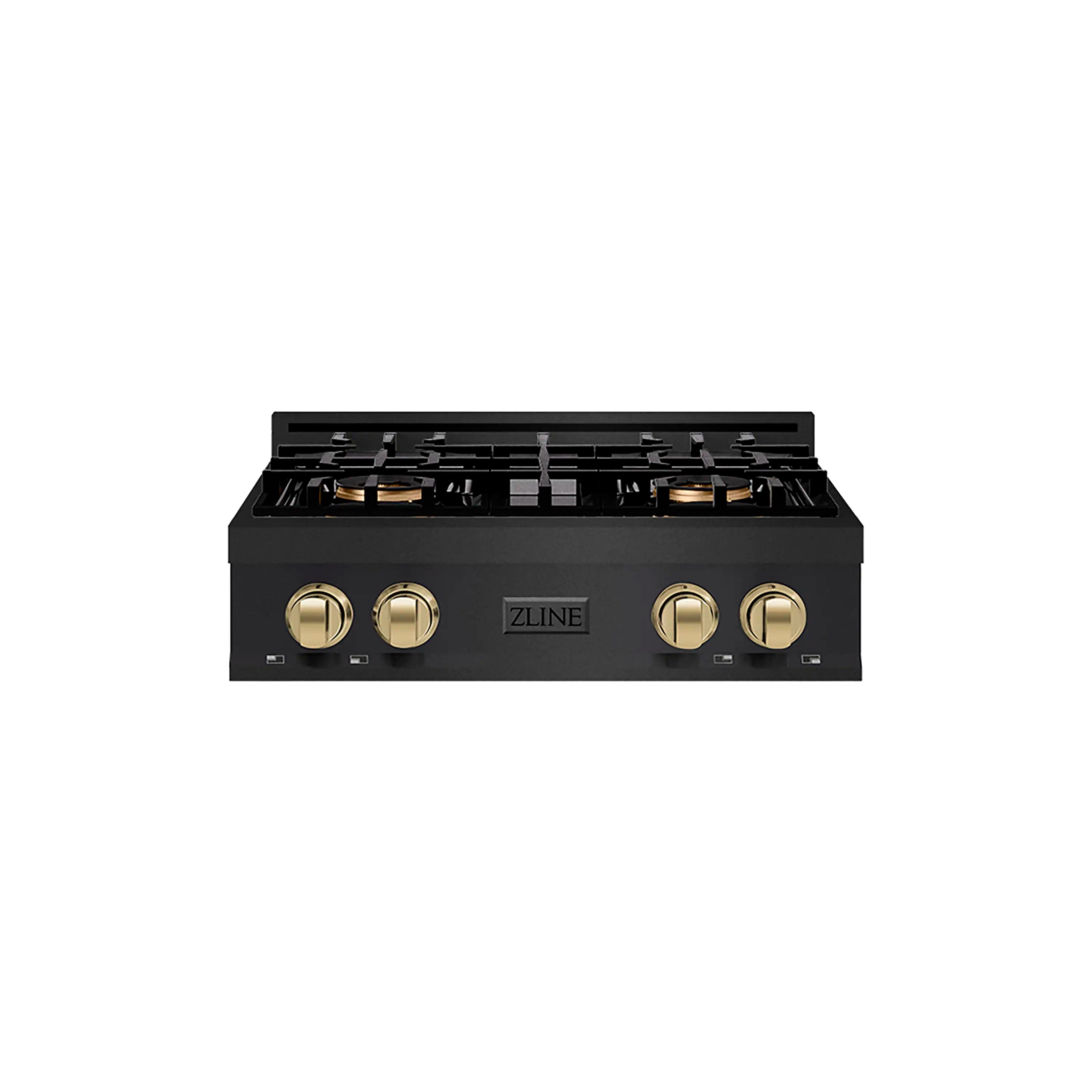 Black 4-burner gas rangetop with champagne bronze control knobs and center logo