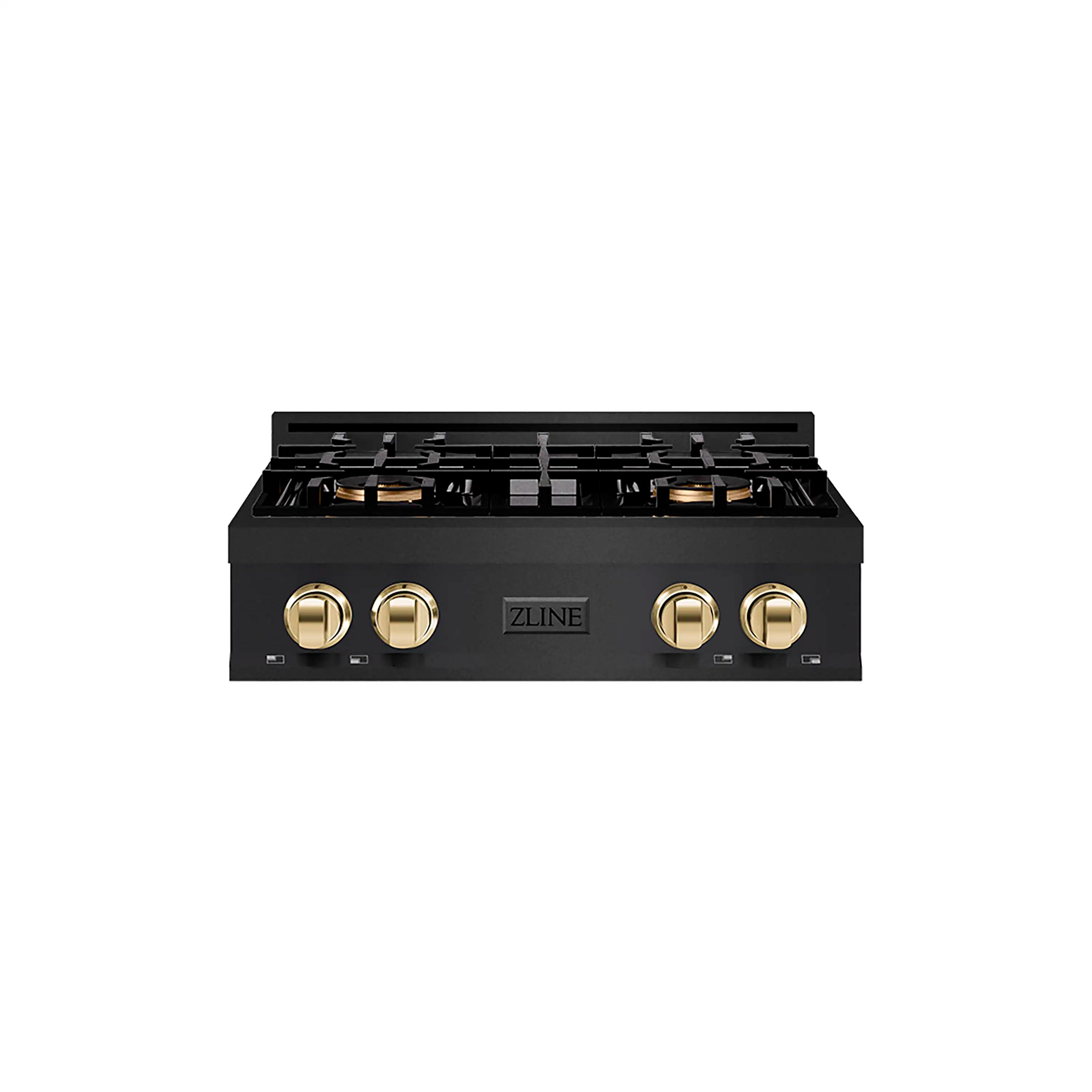 Black 4-burner gas rangetop front view with polished gold control knobs