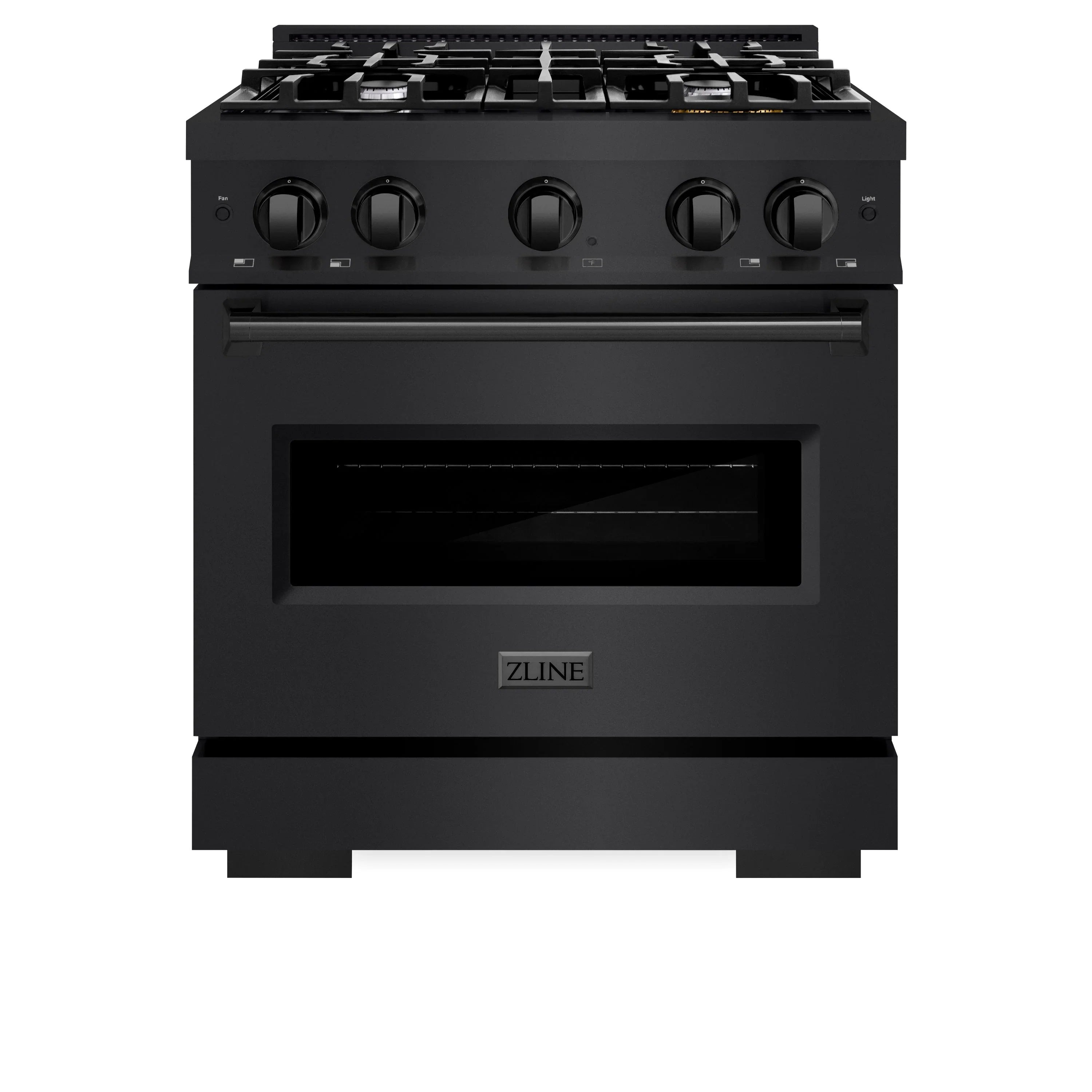 Black ZLINE dual fuel range with 5-burner cooktop and oven door, front view