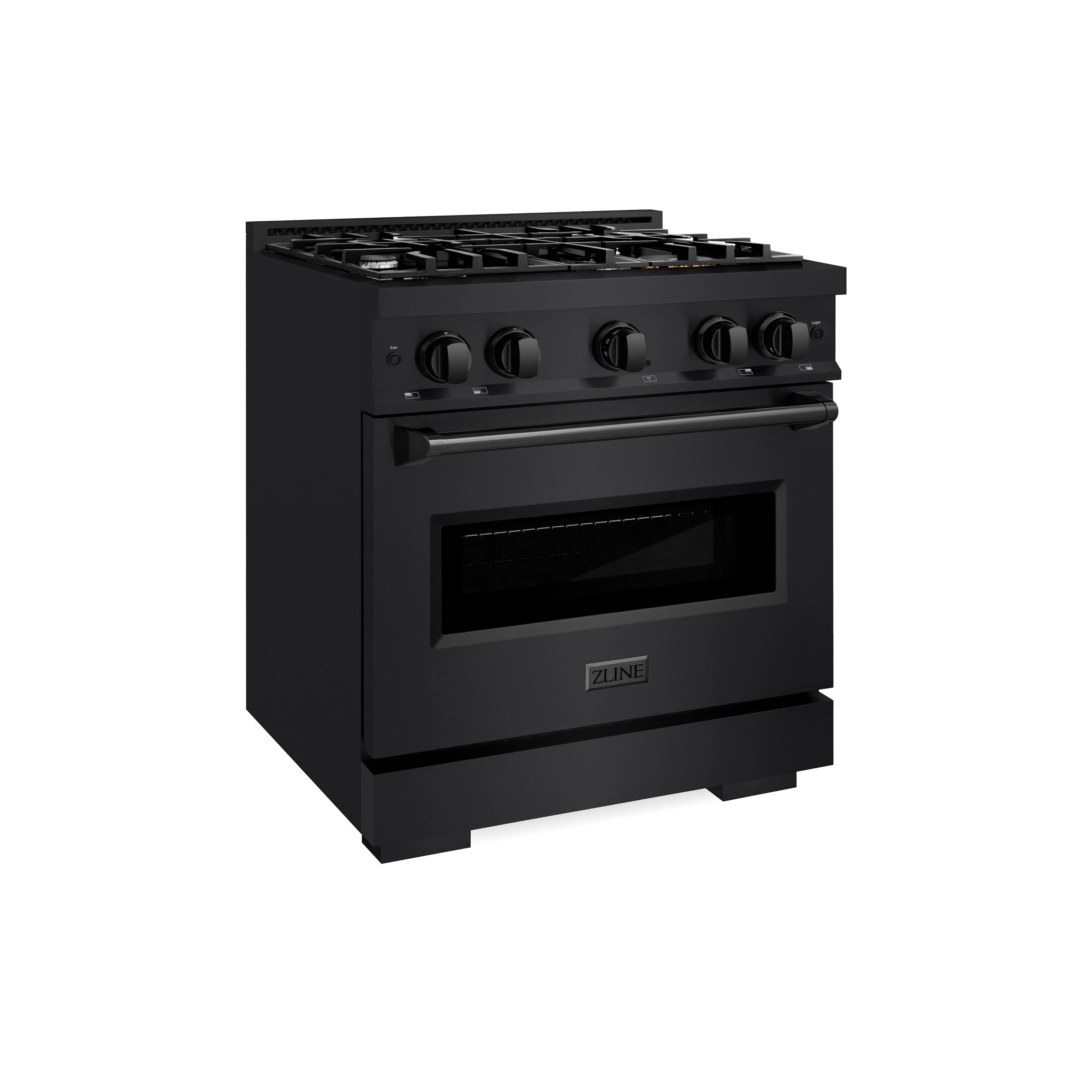 Black dual fuel range with four gas burners and oven door closed