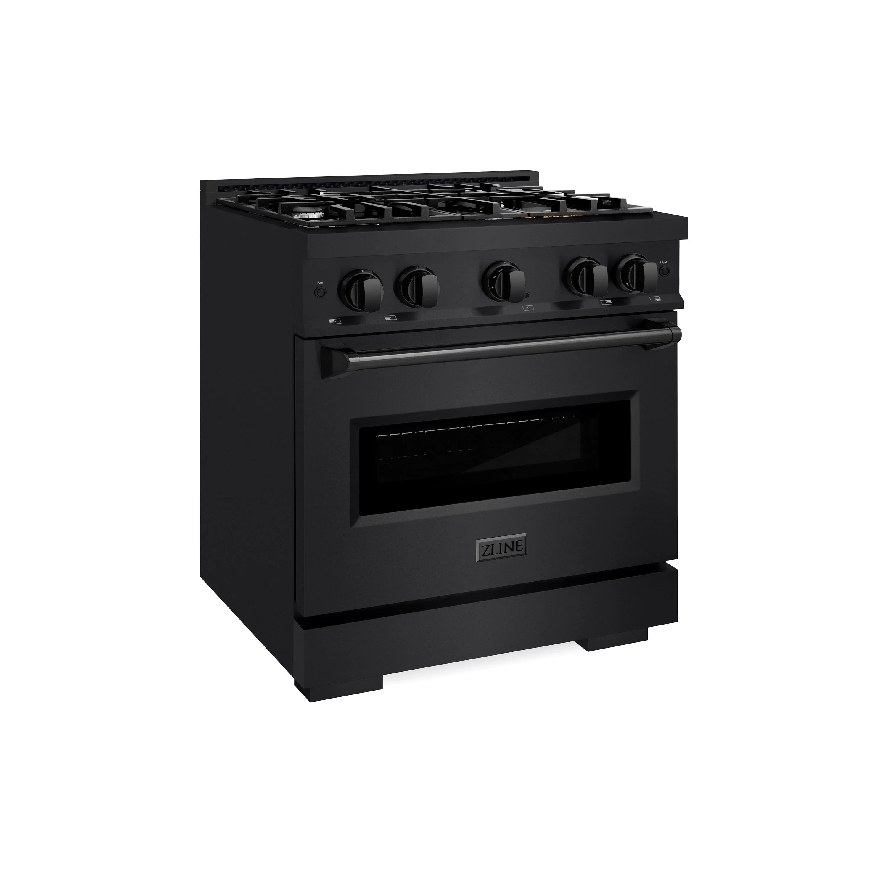 Black dual fuel range with open oven door and round control knobs