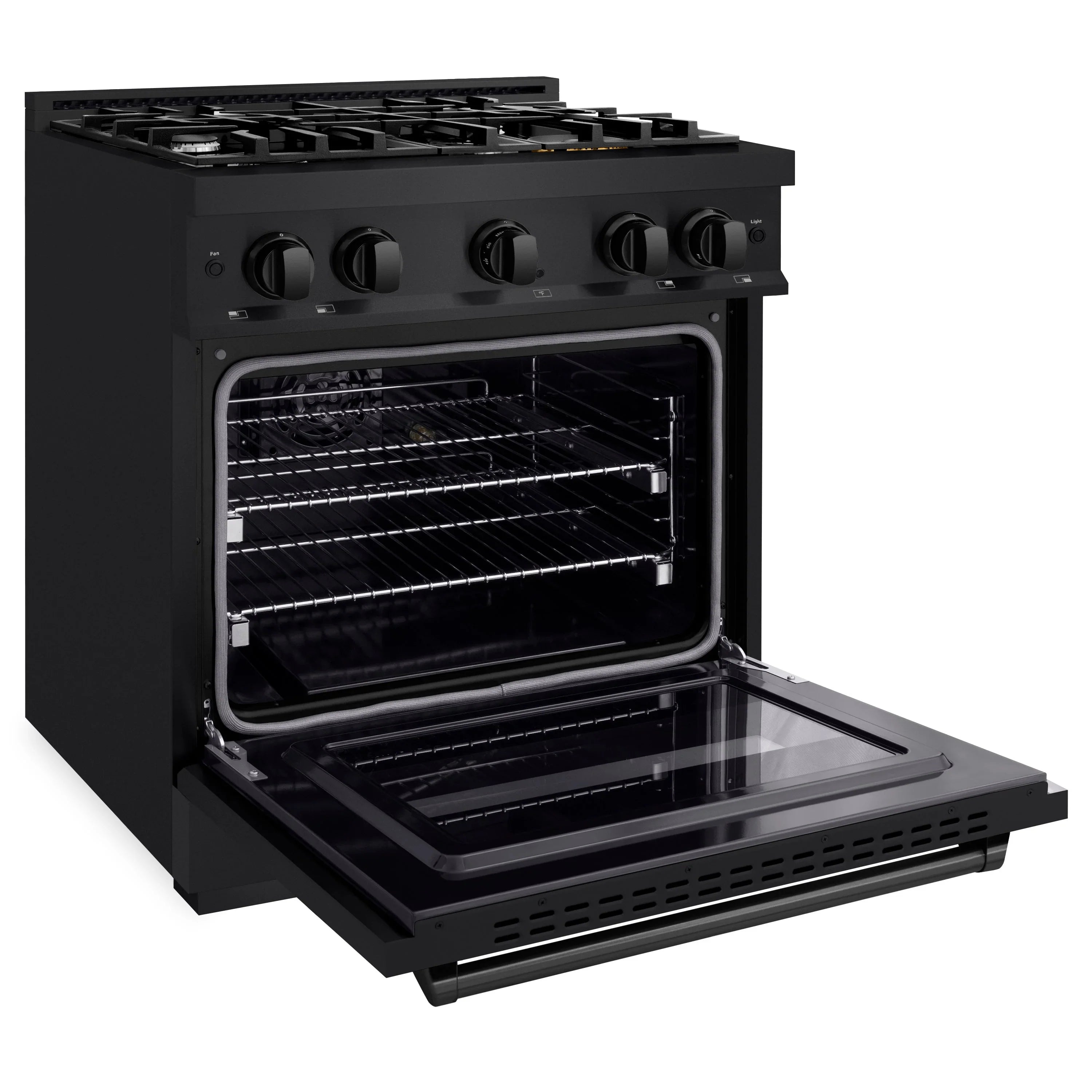 Black dual fuel range with open oven and pulled-out broiler tray