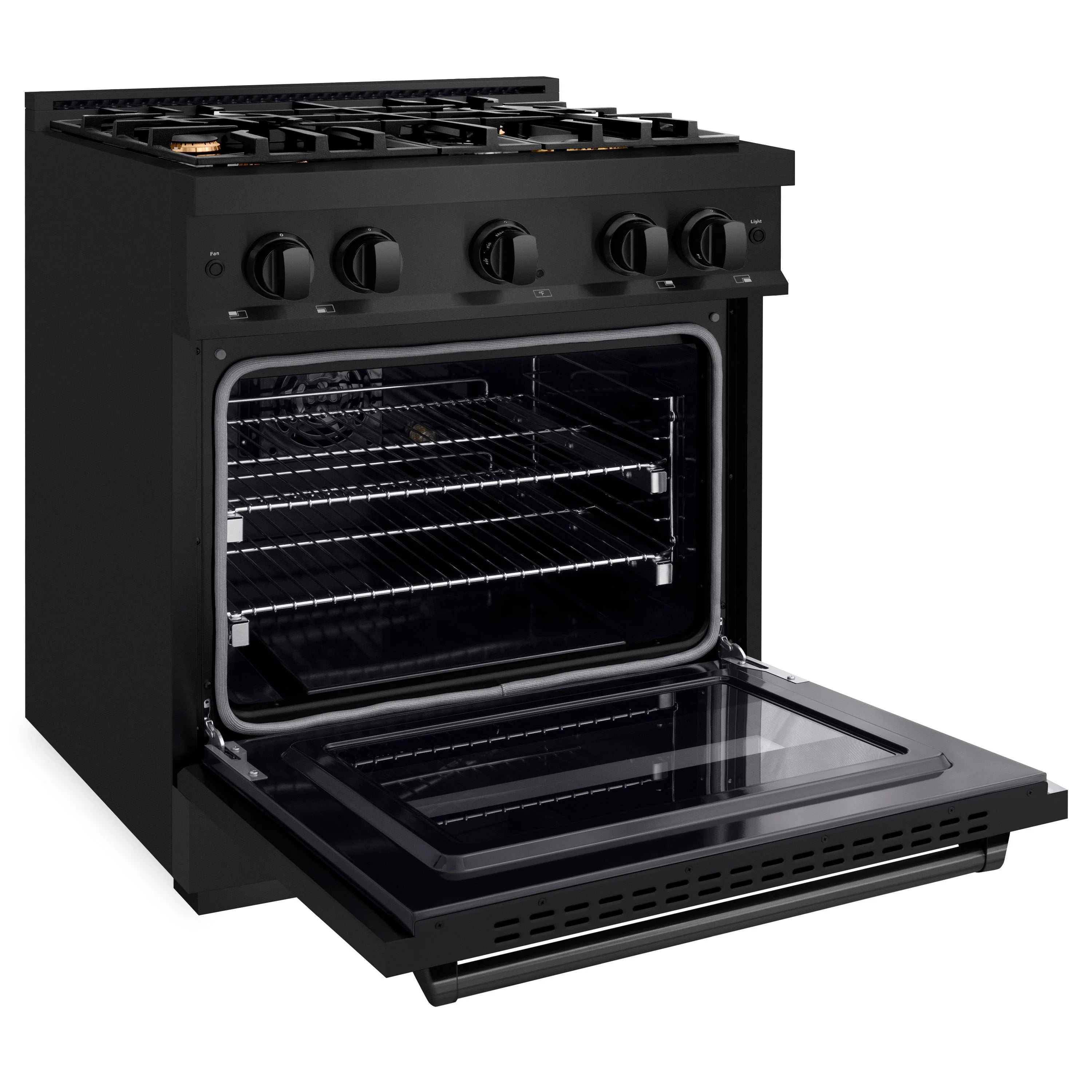 Black stainless range with cooktop burners and oven door open