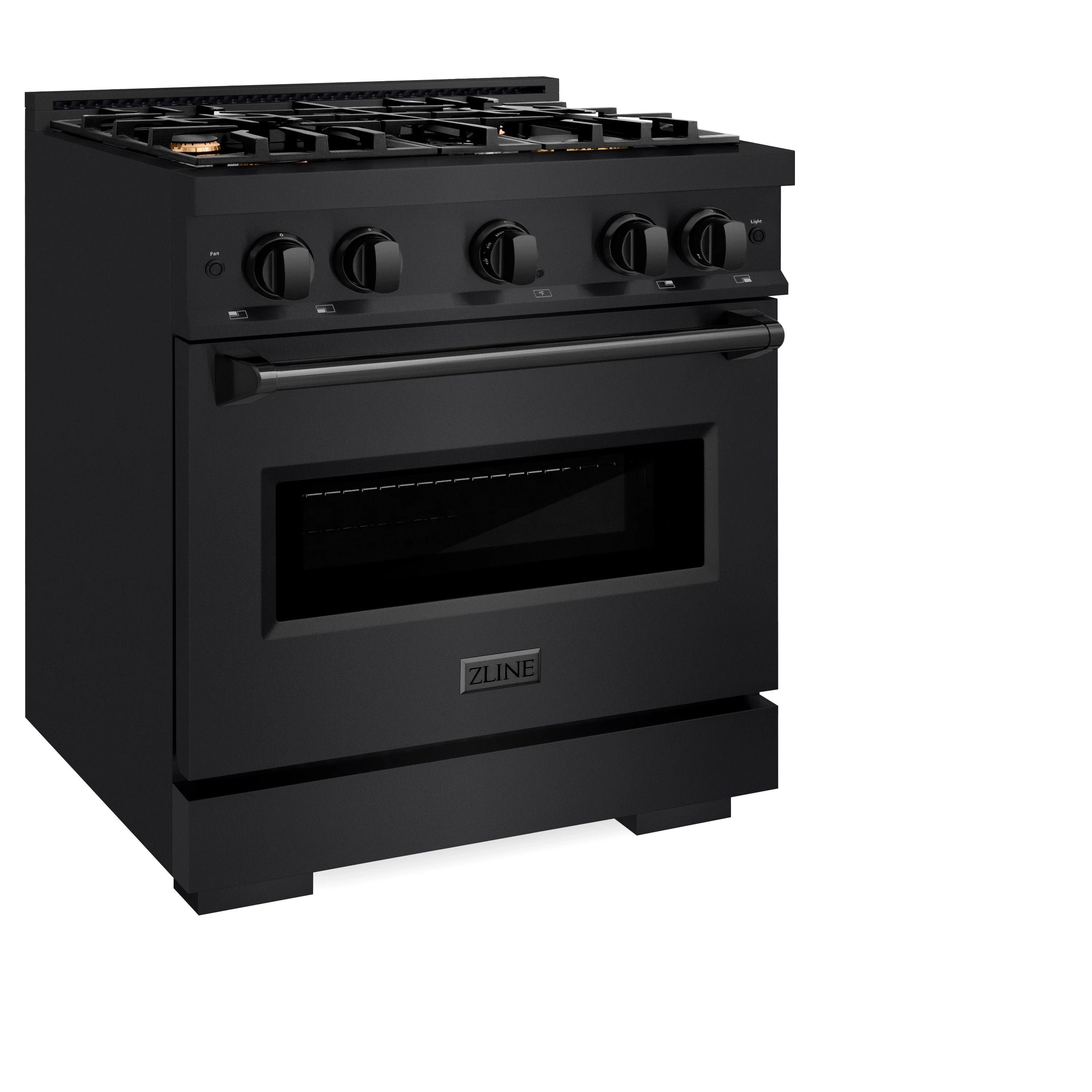 Black stainless gas range with four brass burners and control knobs