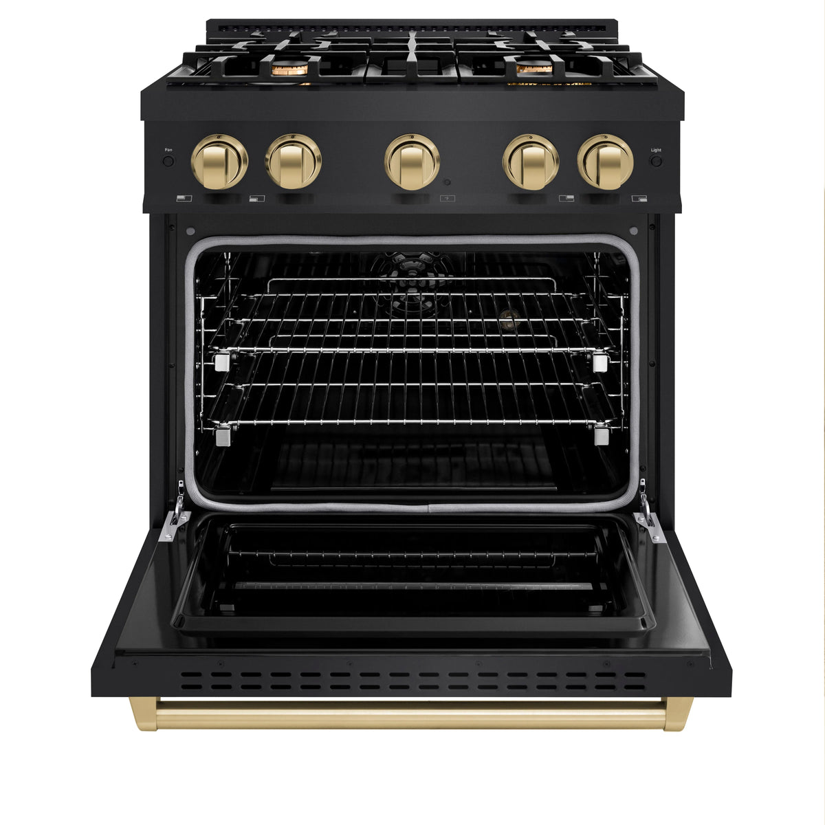 Open black oven with racks and empty interior; champagne bronze control knobs above.