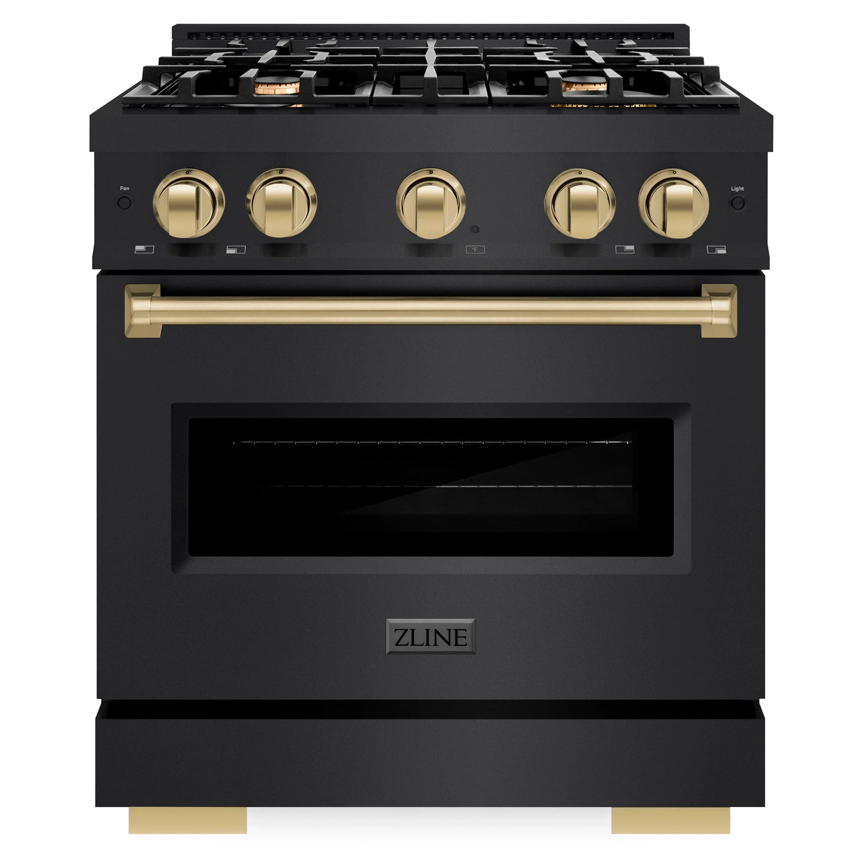 Black dual fuel range with champagne bronze control knobs and large oven window.