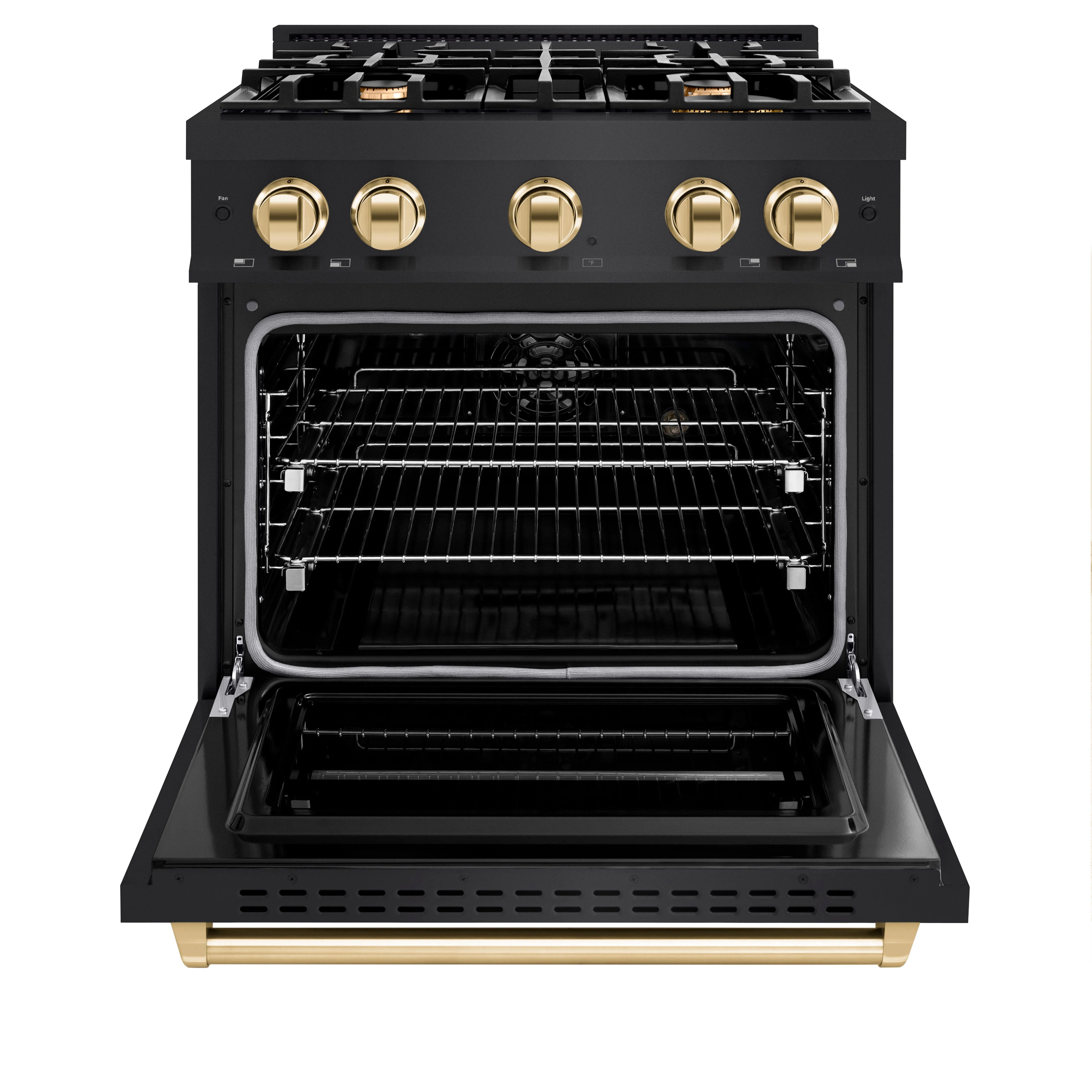 Dual fuel range with open oven cavity, wire racks, and gold-trimmed bottom panel