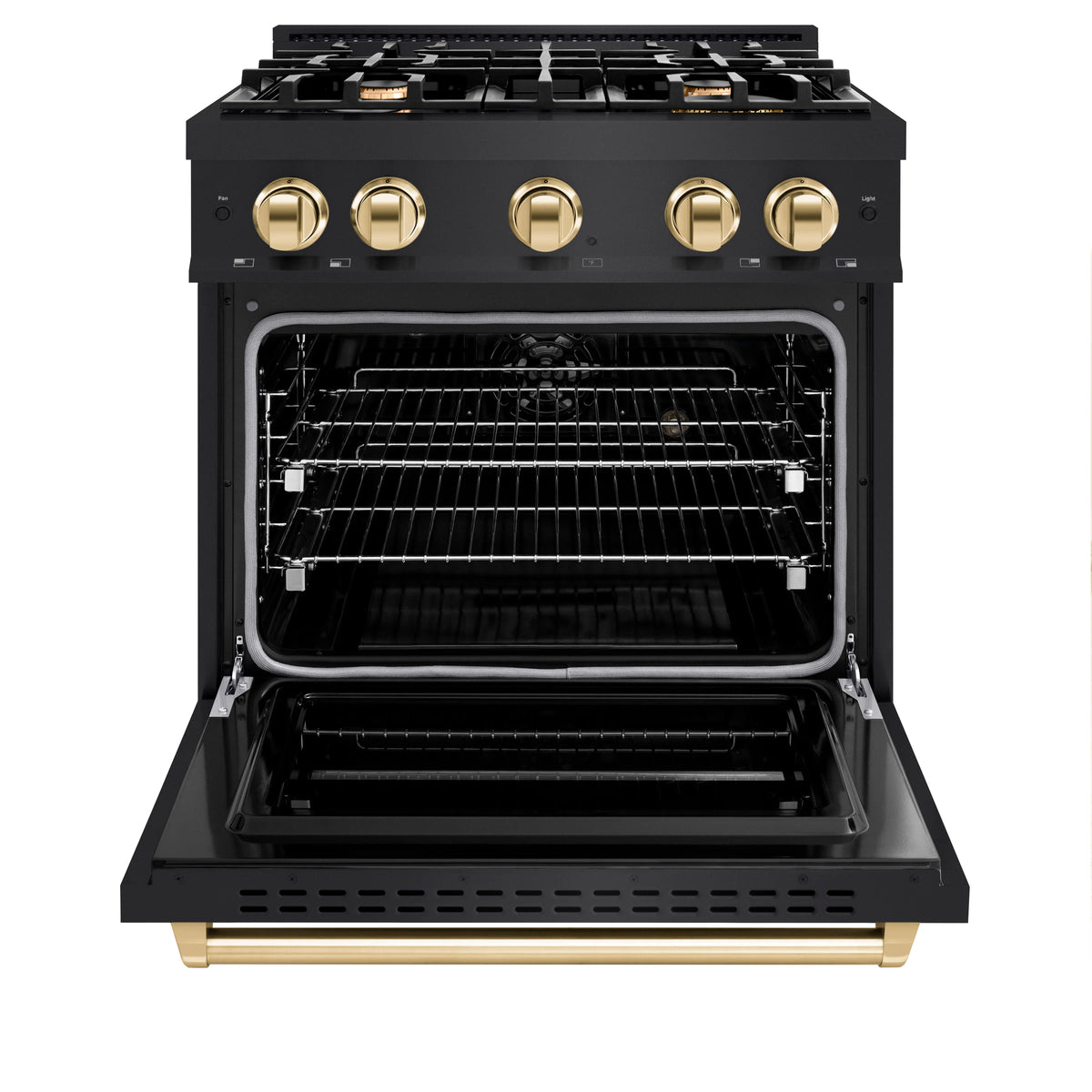 Black dual fuel range with open oven door and wire oven racks