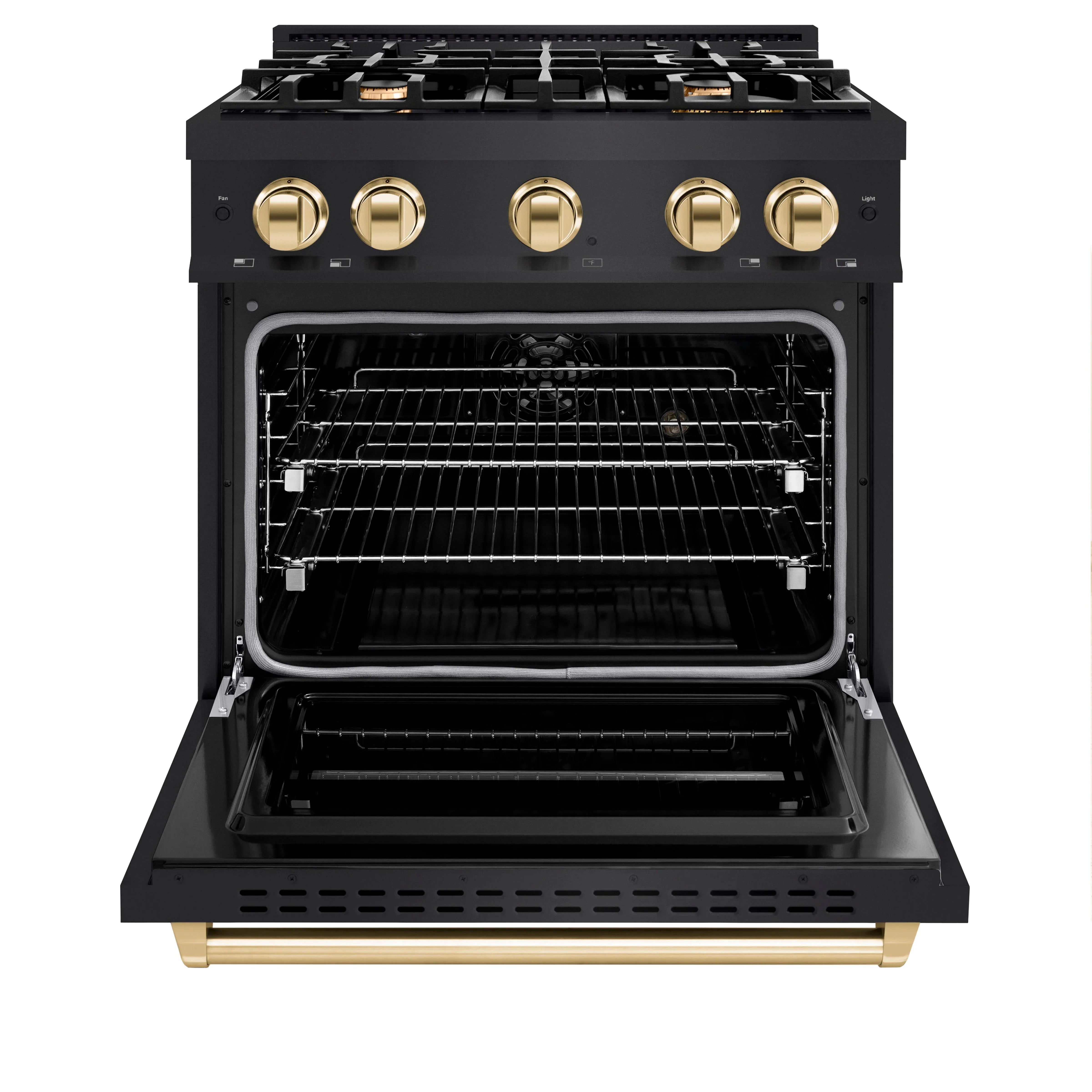 Black dual fuel range with open oven cavity, wire racks, and gold control knobs
