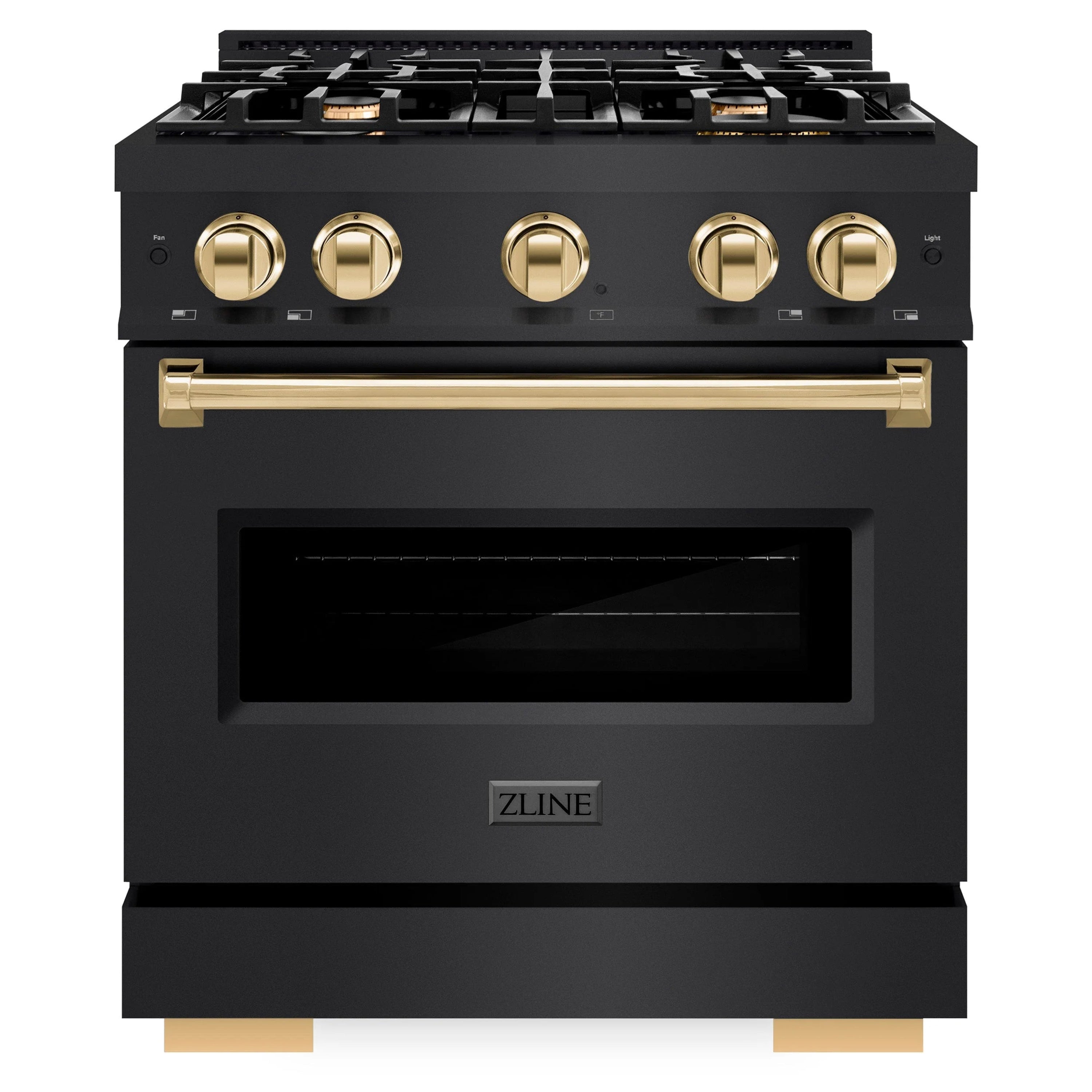 Black dual fuel range front with gold control knobs, oven door window, and gold handle bar