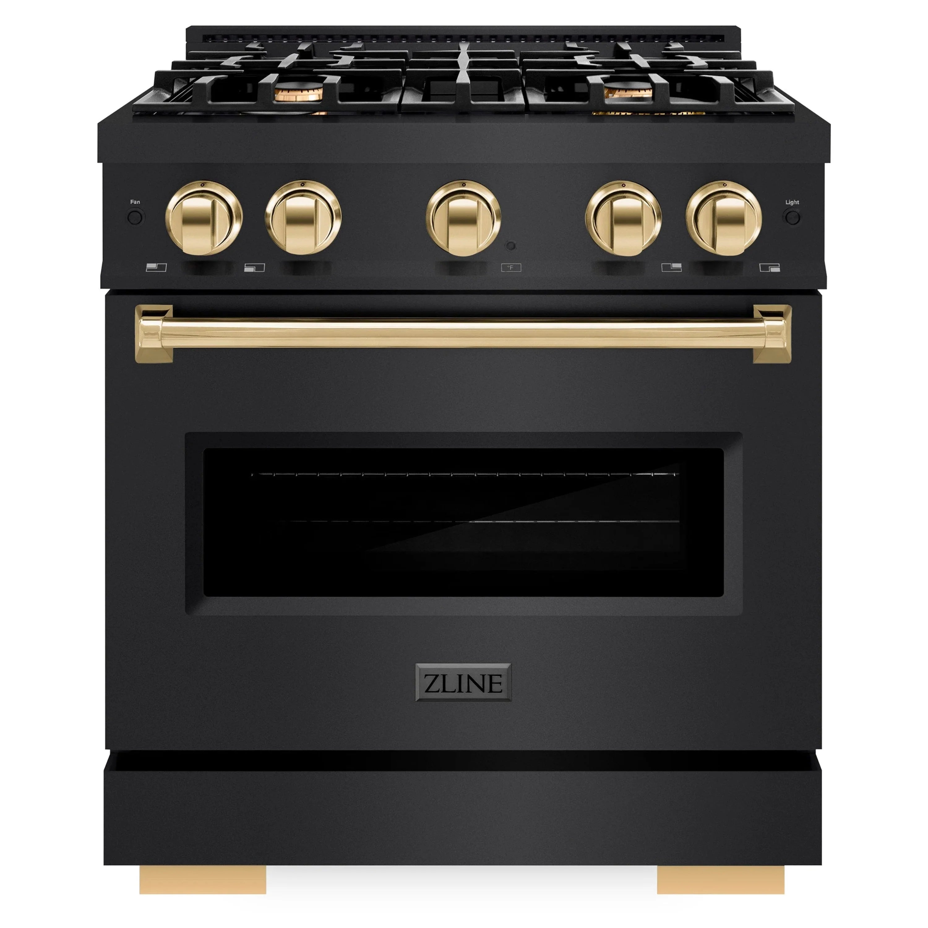 Black dual fuel range with gold control knobs and oven door window