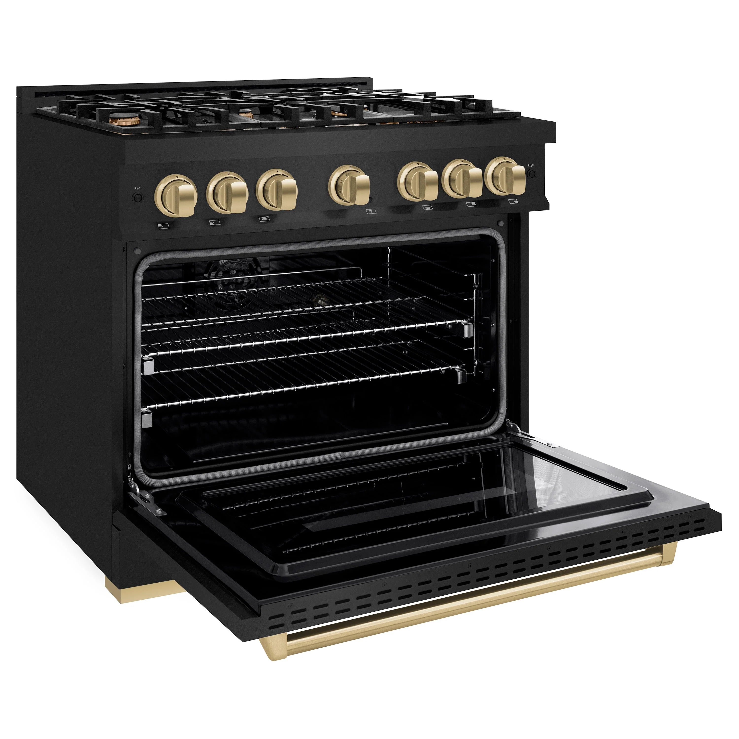 Black dual-fuel range with open oven door showing wire racks and champagne bronze trim