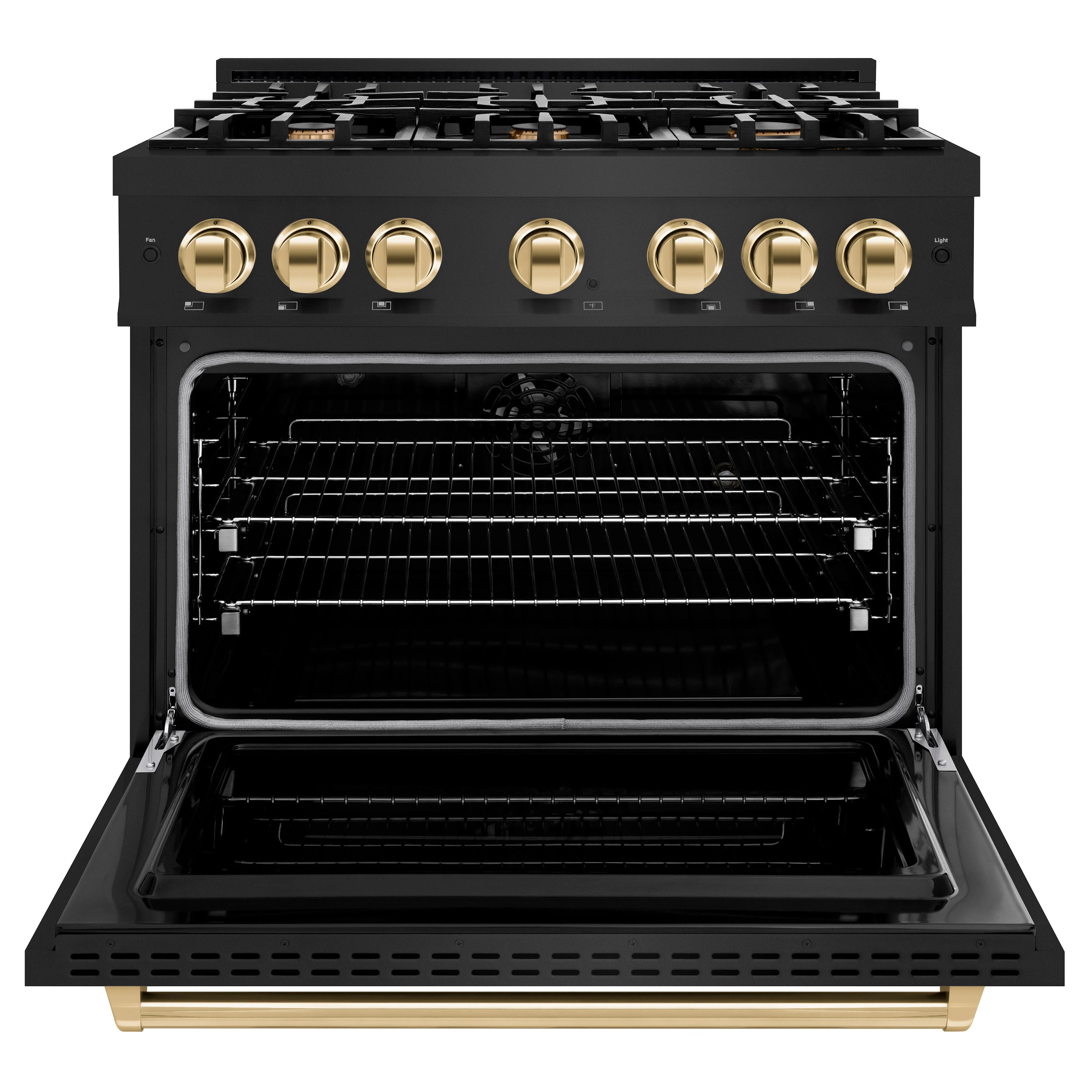 Black dual fuel range with open oven door, racks inside, and gold control knobs