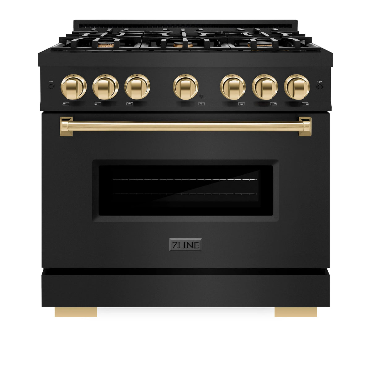 ZLINE 4-Piece Appliance Package - 36-Inch Classic Dual Fuel Range, Refrigerator, Dishwasher, and 24-Inch Microwave Drawer in Black Stainless Steel with Gold Accents
