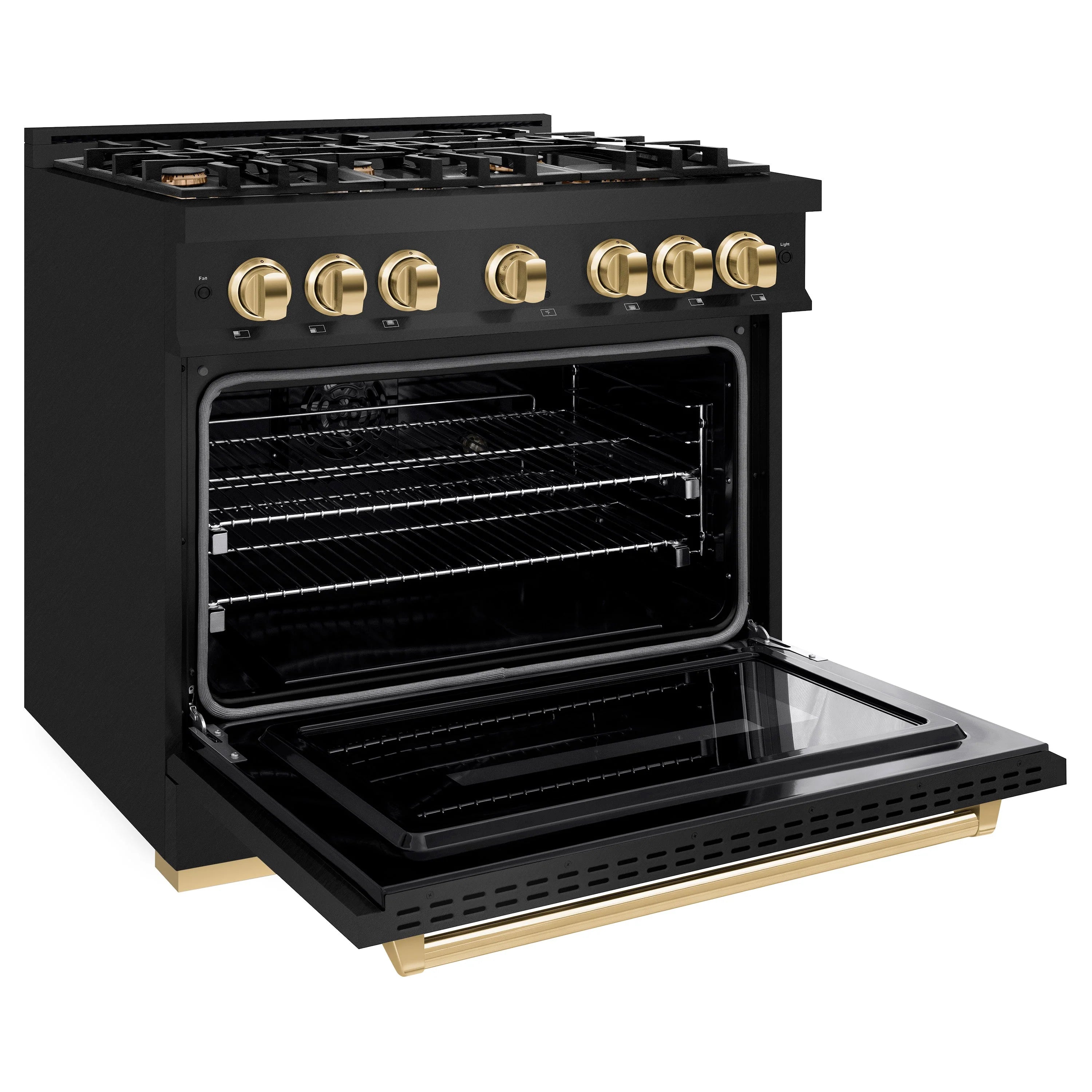 Black dual fuel range with open oven door, gold control knobs, and black cooktop grates