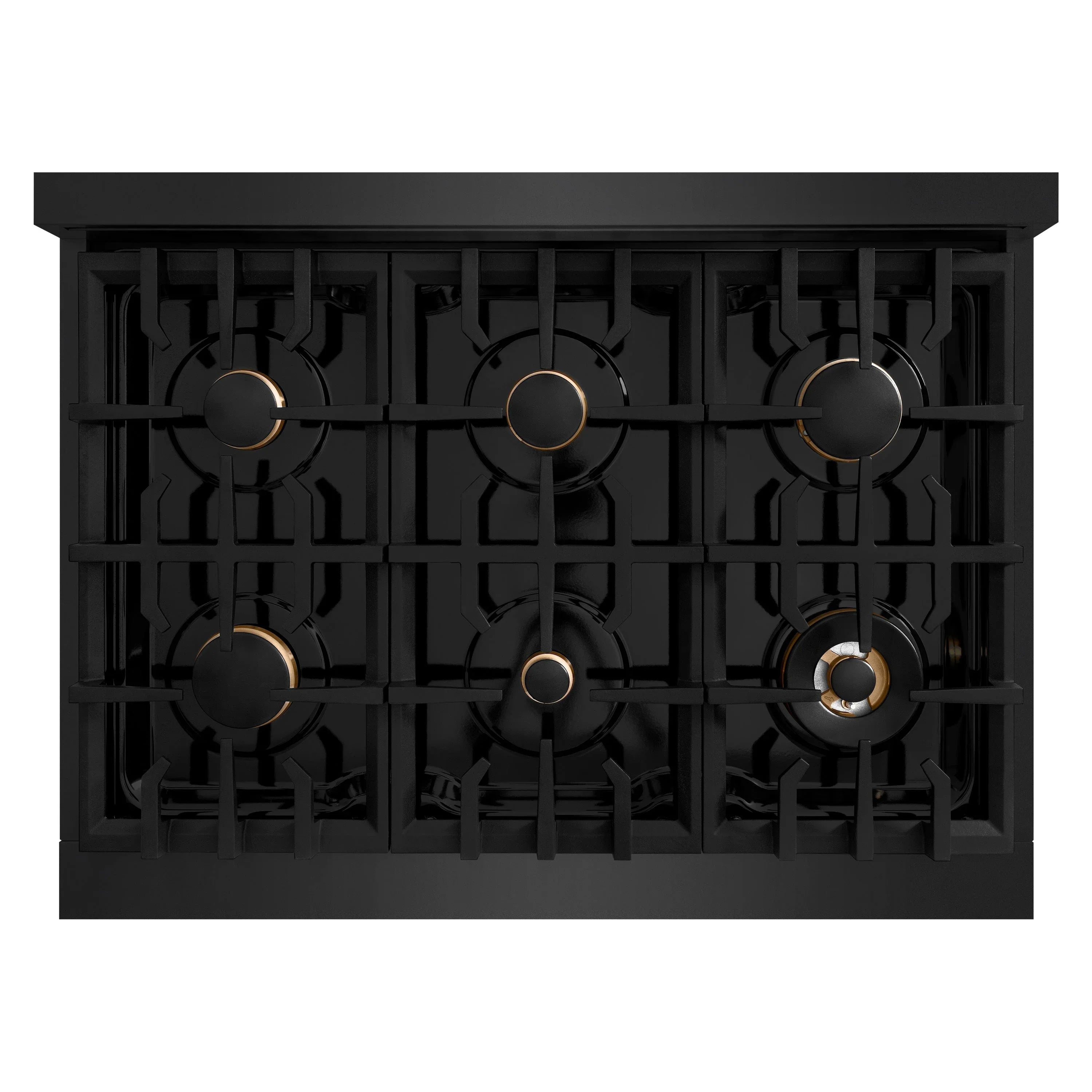 Black cooktop with six gas burner grates and gold-ringed control knobs