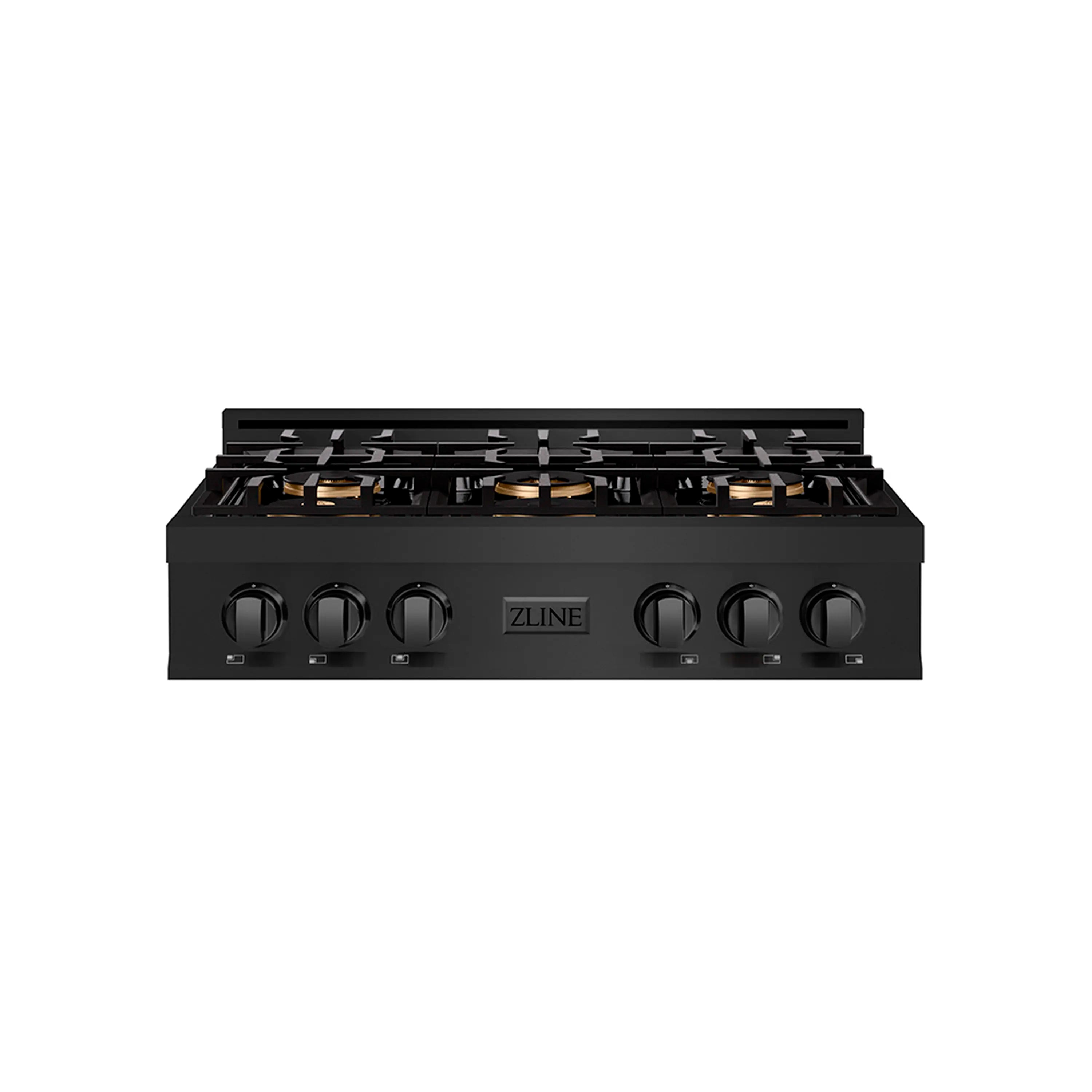 ZLINE gas cooktop with six control knobs and black burner grates