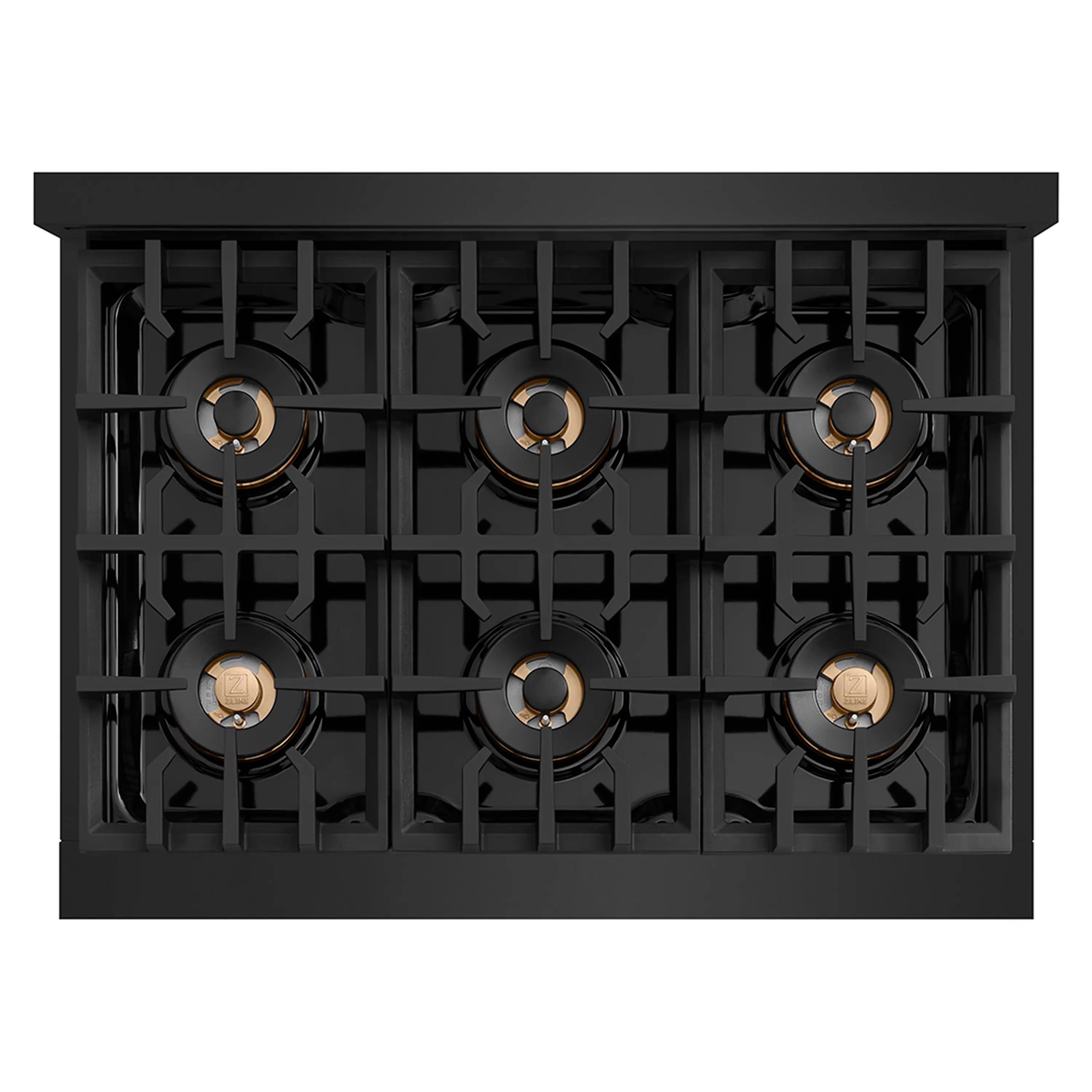 Built-in gas cooktop with six burners, black grate frame, brass burner caps