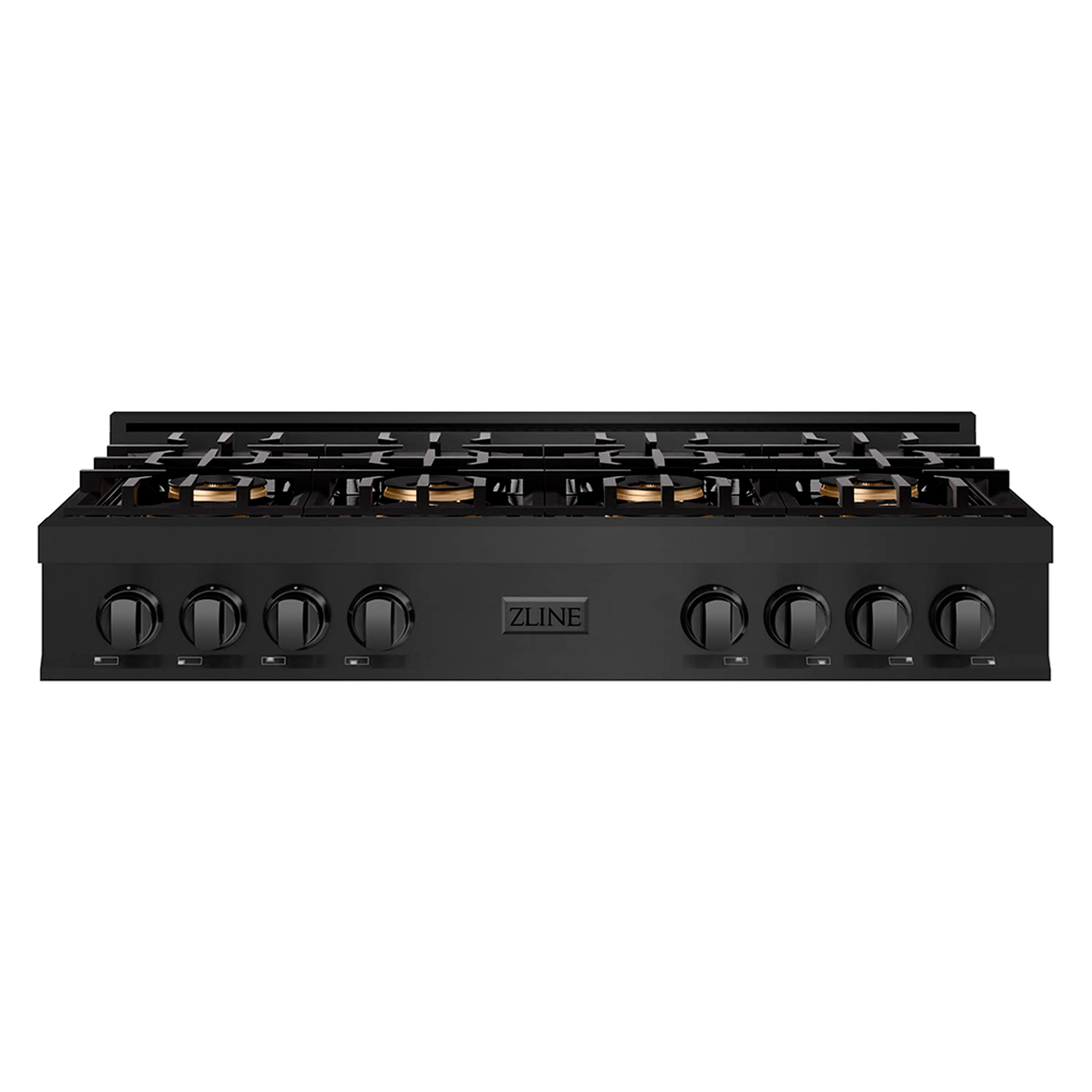 Black 8-burner gas rangetop front view with control knobs and ZLINE logo